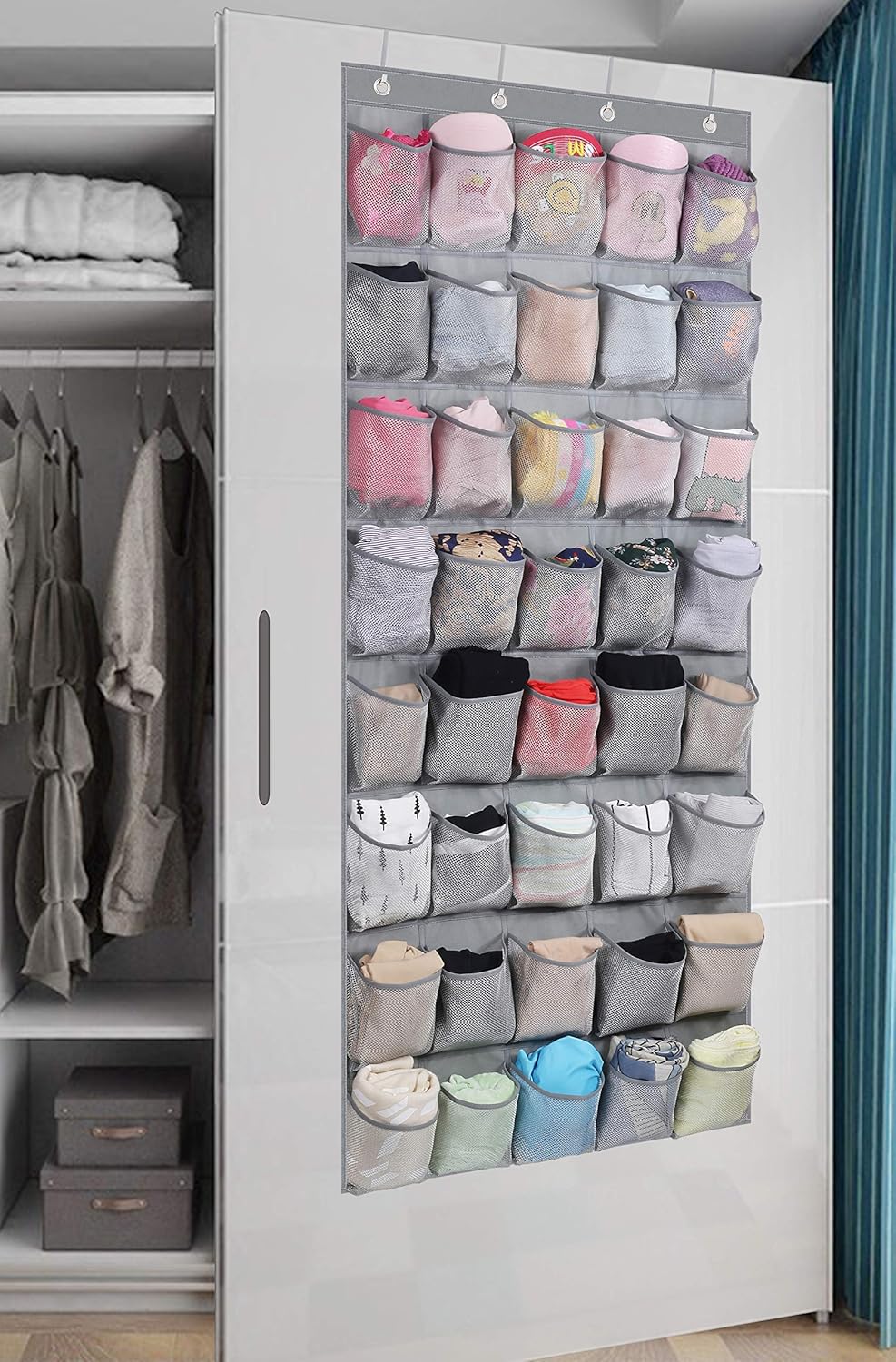 KIMBORA Extra Wide Over The Door Hanging Organizer - 40 Mesh Pocket Storage for Shoes, Toys & Bathroom Essentials - Space Saving Closet & Pantry Organizer (Grey) - Perfect for Bedrooms, Kids Rooms & Small Spaces