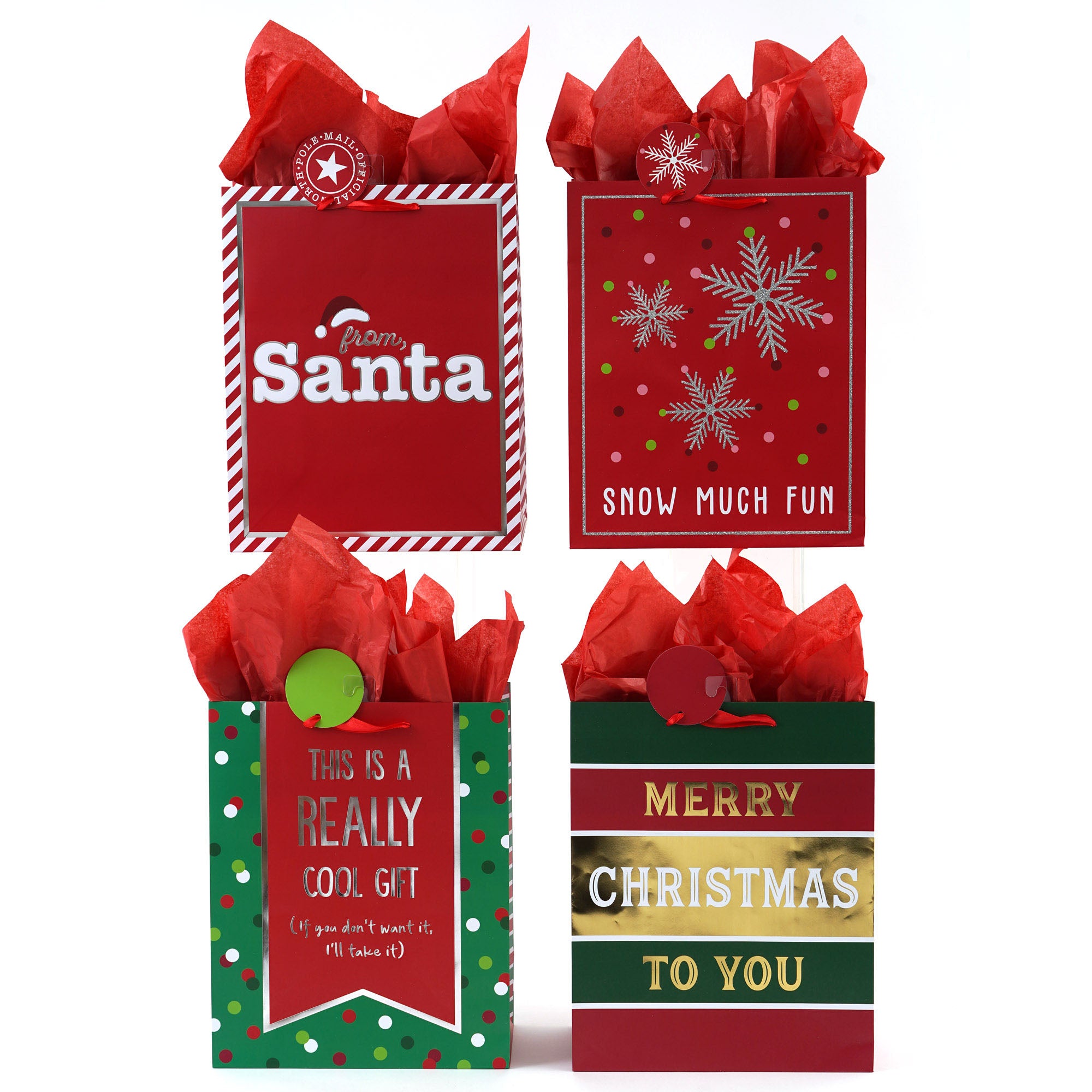 Extra Large Hot Red Holiday Glitter & Hot Stamp Gift Bags - 4 Festive Designs for Christmas, Party Favors & Gift Wrapping