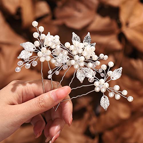 Elegant Gorais Pearl & Rhinestone Bridal Hair Pins - Silver Leaf Wedding Hair Accessories for Women & Girls (3-Pack) | Perfect for Brides, Prom, and Special Occasions