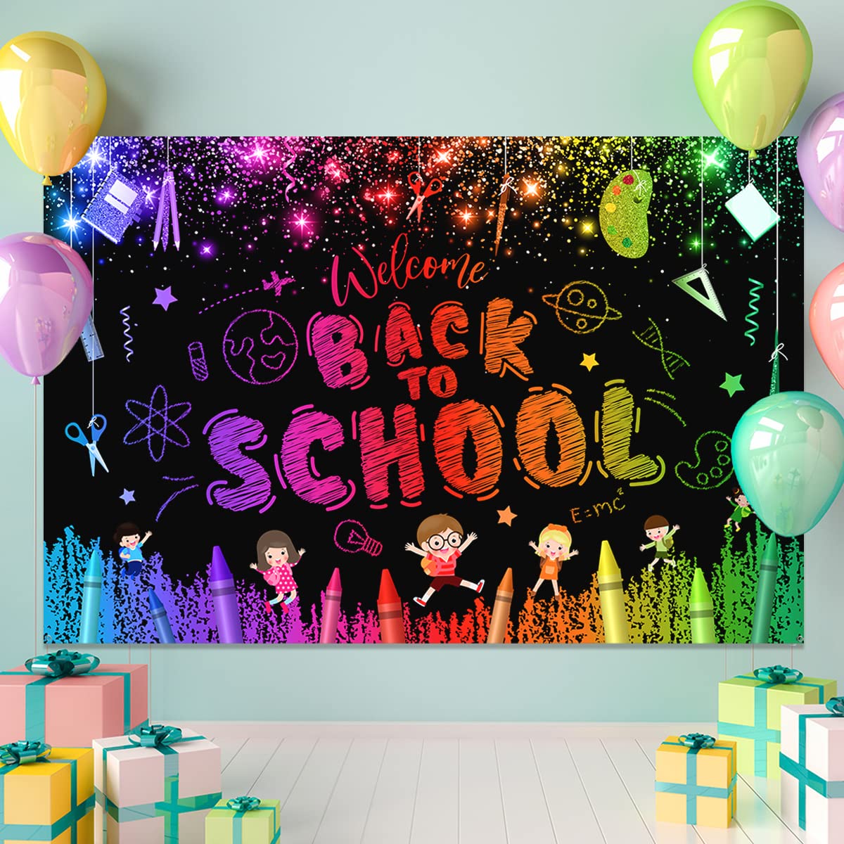 Welcome Back to School Backdrop - First Day of School Decorations for Preschool & Kindergarten Classroom | Black Background Banner for School Photos, Bulletin Boards & Classroom Parties