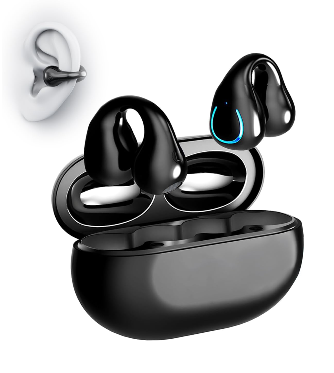**Bluetooth 5.3 Bone Conduction Headphones - Wireless Clip-On Earphones with Built-in Mic, IPX5 Waterproof, Lightweight for Running, Gaming & Workout - Black Pro (PC, Sports, Video Games Accessories)**