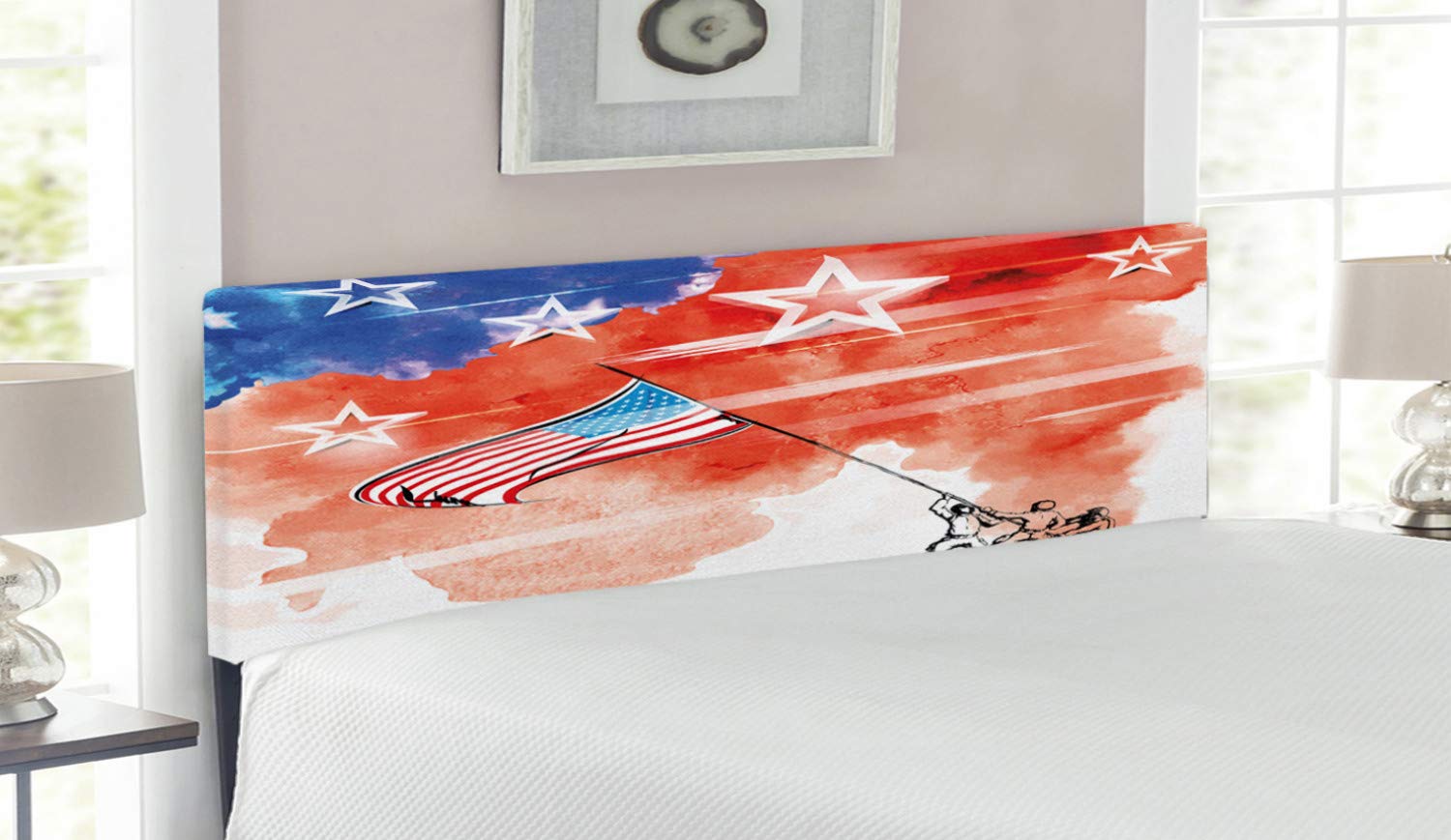 Ambesonne 4th of July Patriotic Headboard - Queen Size Upholstered Metal Bed Frame with Memory Foam, Watercolor Historical American Flag Design in Multicolor | Perfect for Independence Day Decor & Bedroom Makeover
