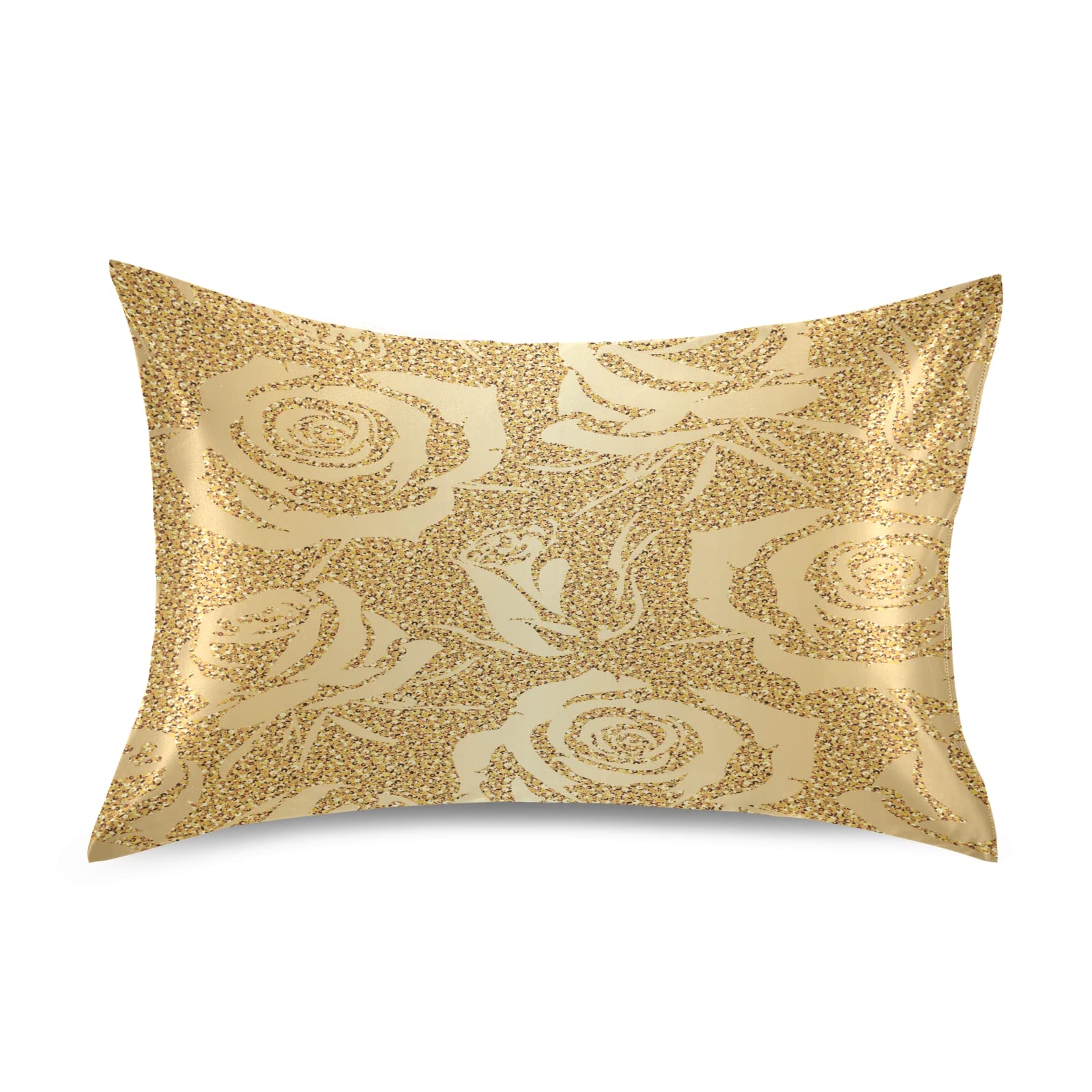 ALAZA Satin Pillowcase for Hair and Skin Care - Soft Decorative Standard Size 26x20 Inches with Gold Rose Flowers Design | Perfect for Bedroom, Travel & Gift Giving