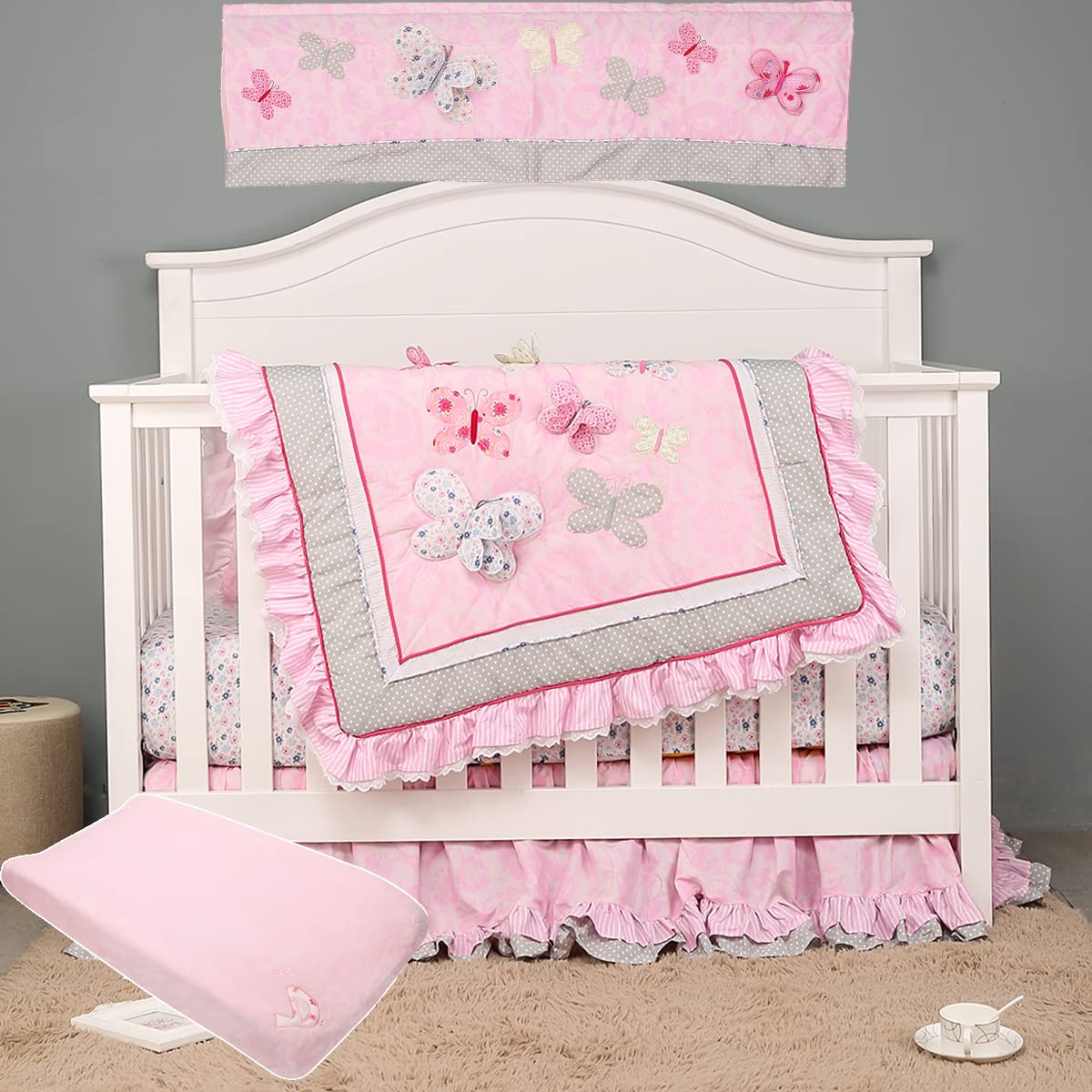 5-Piece Pink Butterfly Embroidery Nursery Crib Bedding Set for Baby Girls - 1 Quilt, 1 Fitted Sheet, 1 Skirt, 1 Window Valance, 1 Changing Pad Cover - Perfect for Nursery Decor, Baby Showers & Newborn Gifts