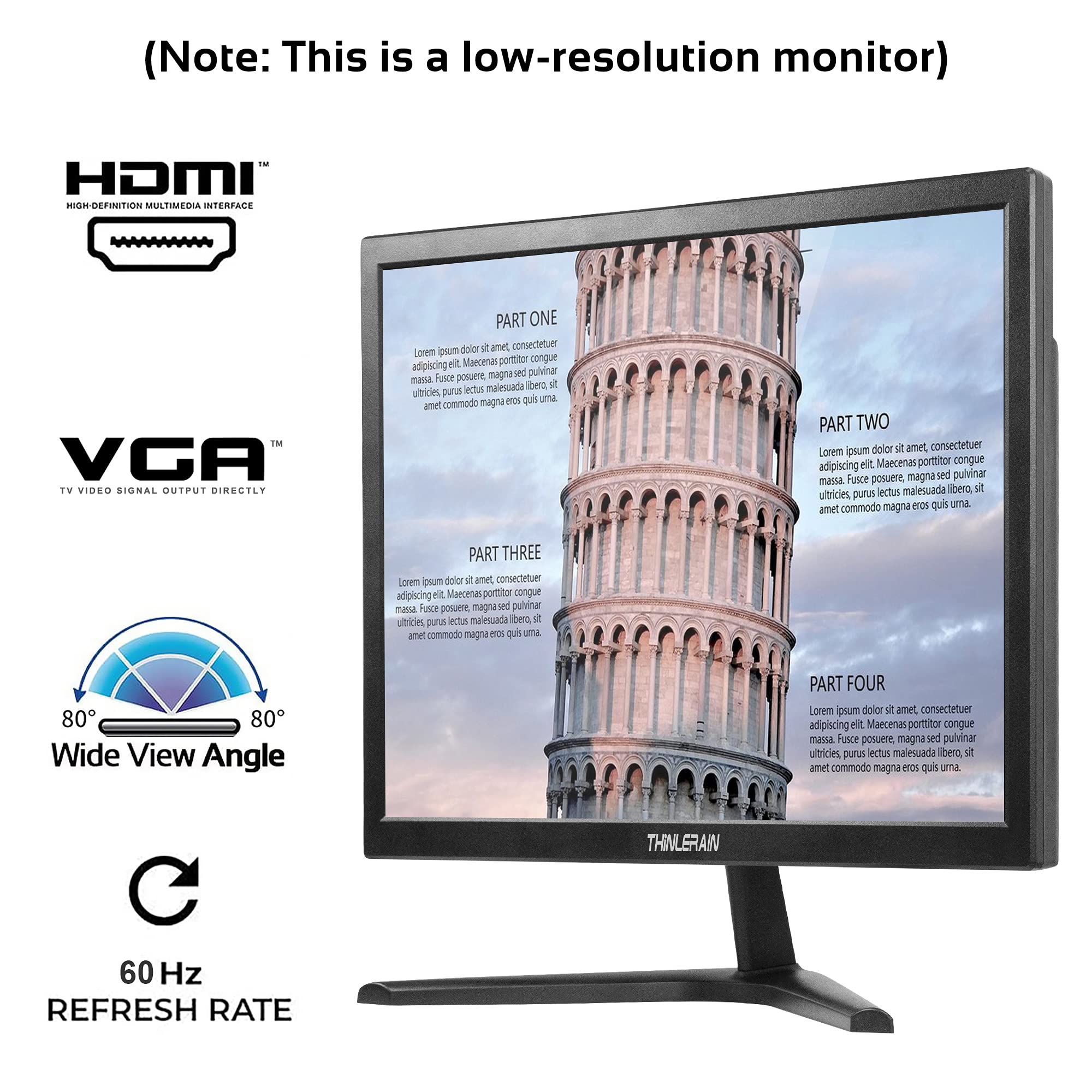 Thinlerain 17 Inch LED Monitor - 1280x1024 Resolution, 4:3 Aspect Ratio, 60Hz Refresh Rate, VESA Mountable, VGA & HDMI Ports, TN Panel with Built-in Speakers - Perfect for Office Work, Home Computing, and Digital Signage