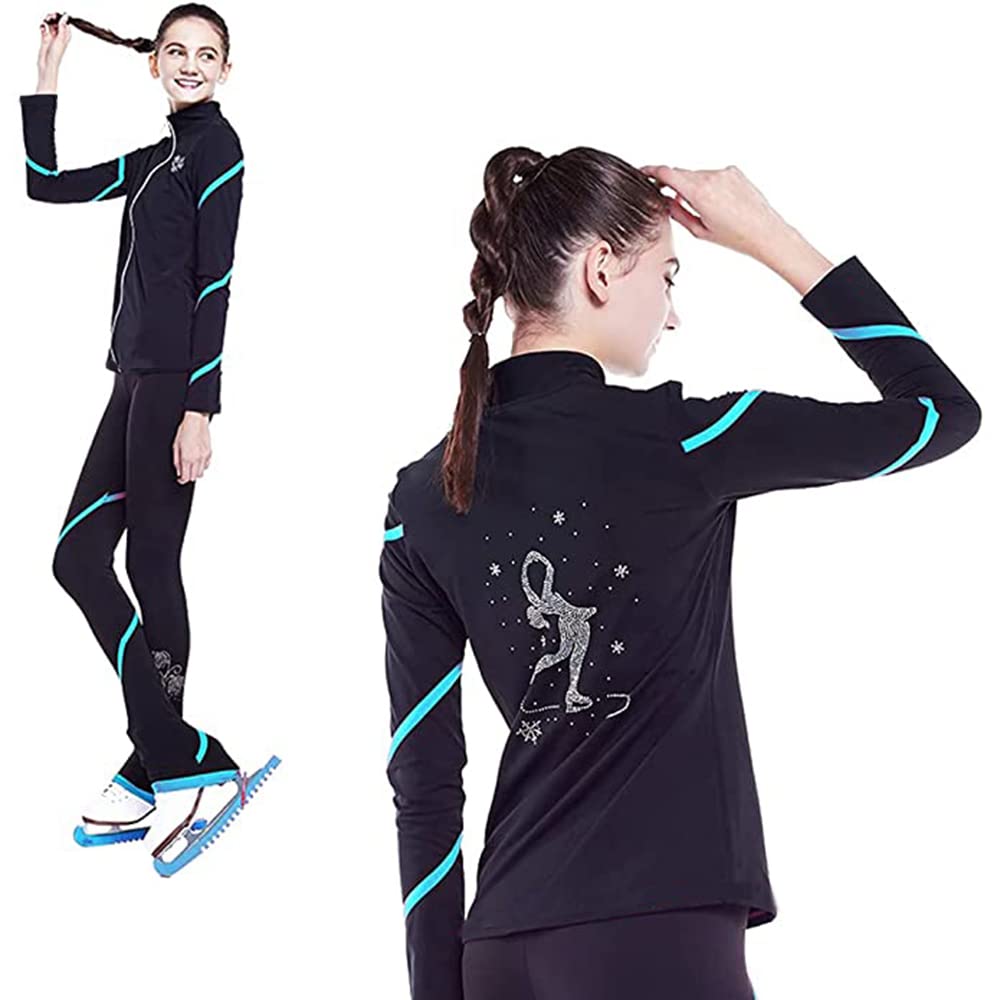 LIUHUO Women's Figure Skating Spiral Jacket & Fleece Pants Set - Warm Winter Training Outfit for Ice Skating Practice & Cold Weather Activities (Yellow)