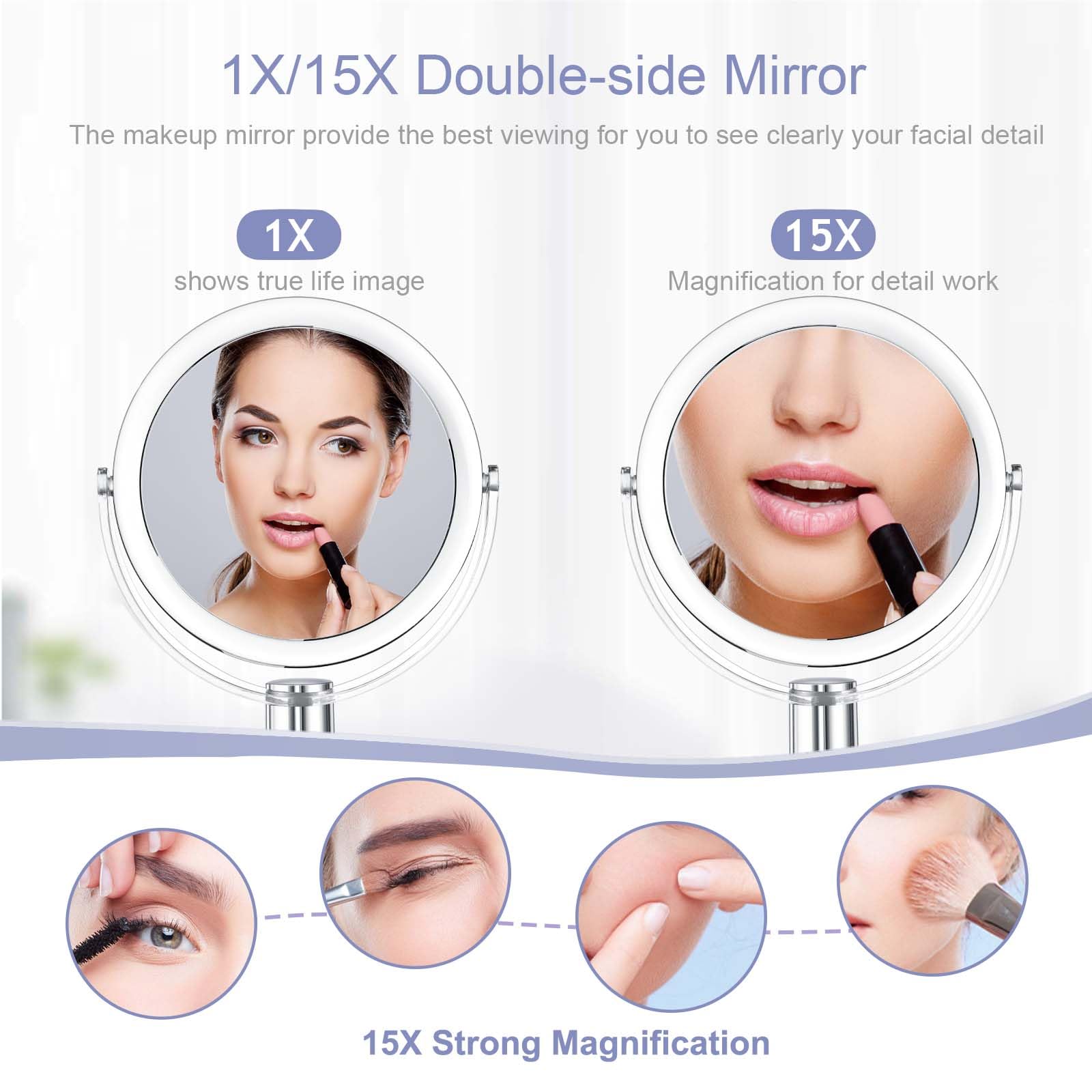 Vanity Mirror with Stand - 1X/15X Magnification Double Sided 360° Swivel Makeup Mirror (7.4 Inch) for Precise Makeup Application, Skincare & Eyebrow Grooming - Perfect for Bathroom, Bedroom & Travel