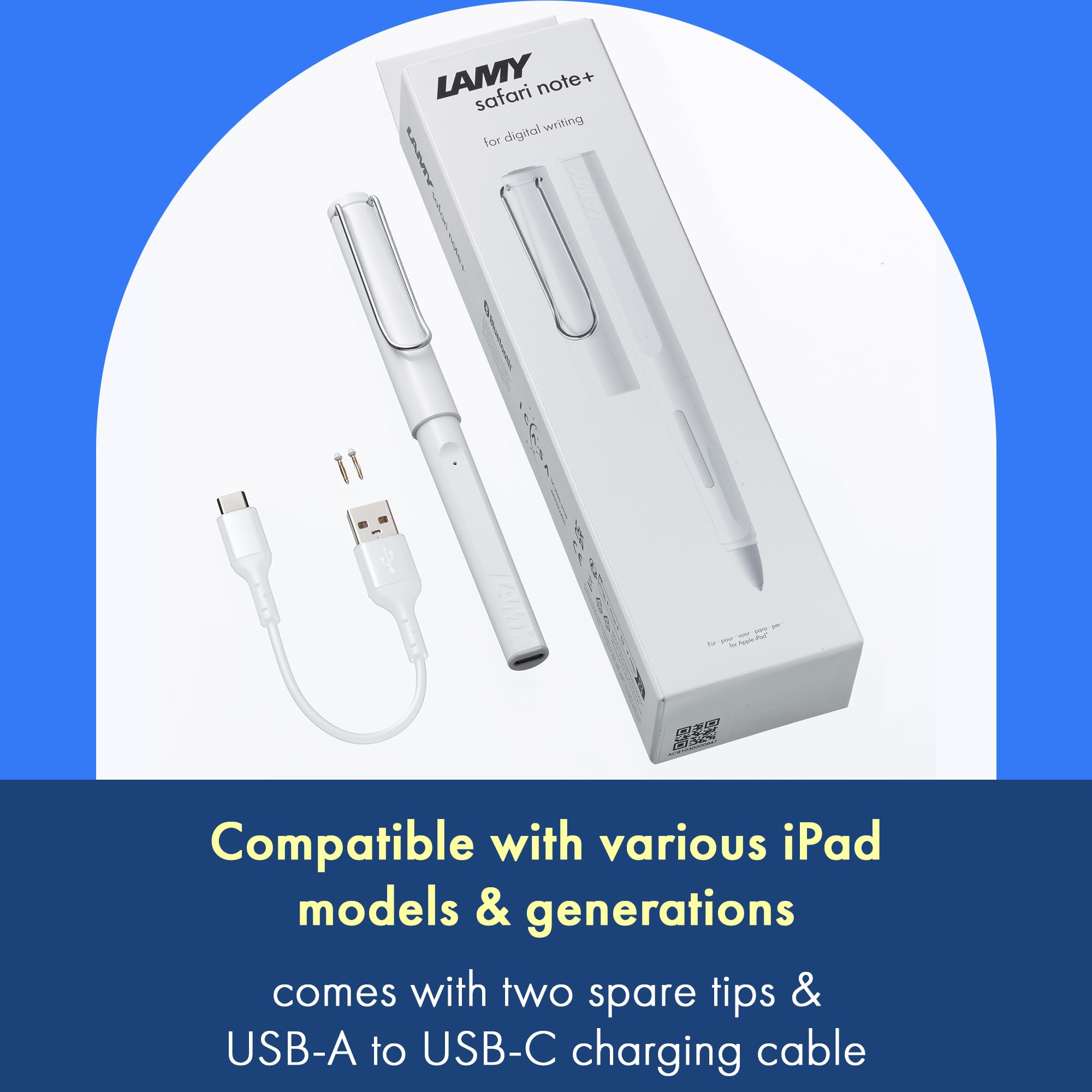 LAMY Safari Note+ White Stylus Pen for iPad - Palm Rejection, Tilt Sensitivity & Ergonomic Grip - Compatible with All iPad Models (2018-2023) - 10-Hour Battery Life - Perfect for Drawing, Note-Taking & Digital Art