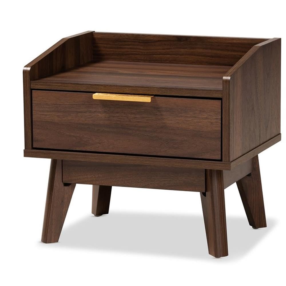Baxton Studio Lena Mid-Century Modern Nightstand - 1 Drawer, Walnut Brown Finish, Solid Wood Bedside Table for Bedroom, Living Room & Office