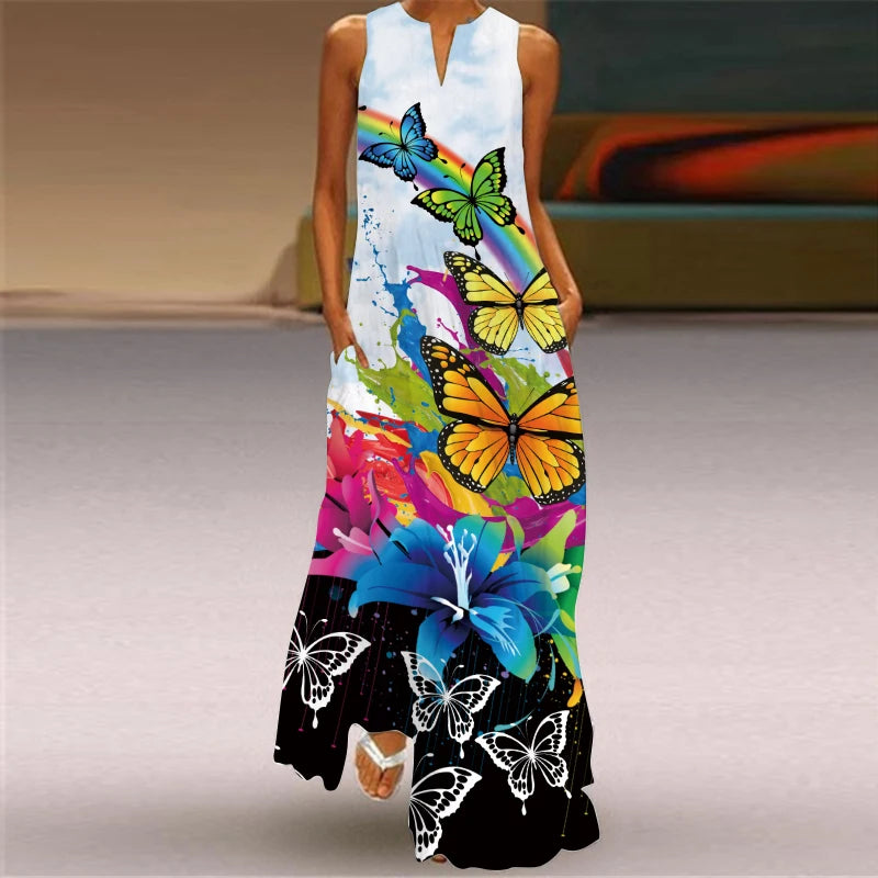 Stylish Women's Floral Print Hollow V-Neck Maxi Dress - Sleeveless Loose Fit Summer Beach Dress for Vacation, Seaside Outings & Boho Chic Occasions