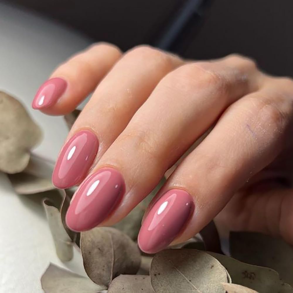 Dusty Rose Press on Nails - Short Almond Oval Glossy Fake Nails 24Pcs | 12 Sizes Solid Color Reusable Stick on Nails Kit for Women & Girls | Perfect for Daily Wear, Parties, Weddings & Special Occasions