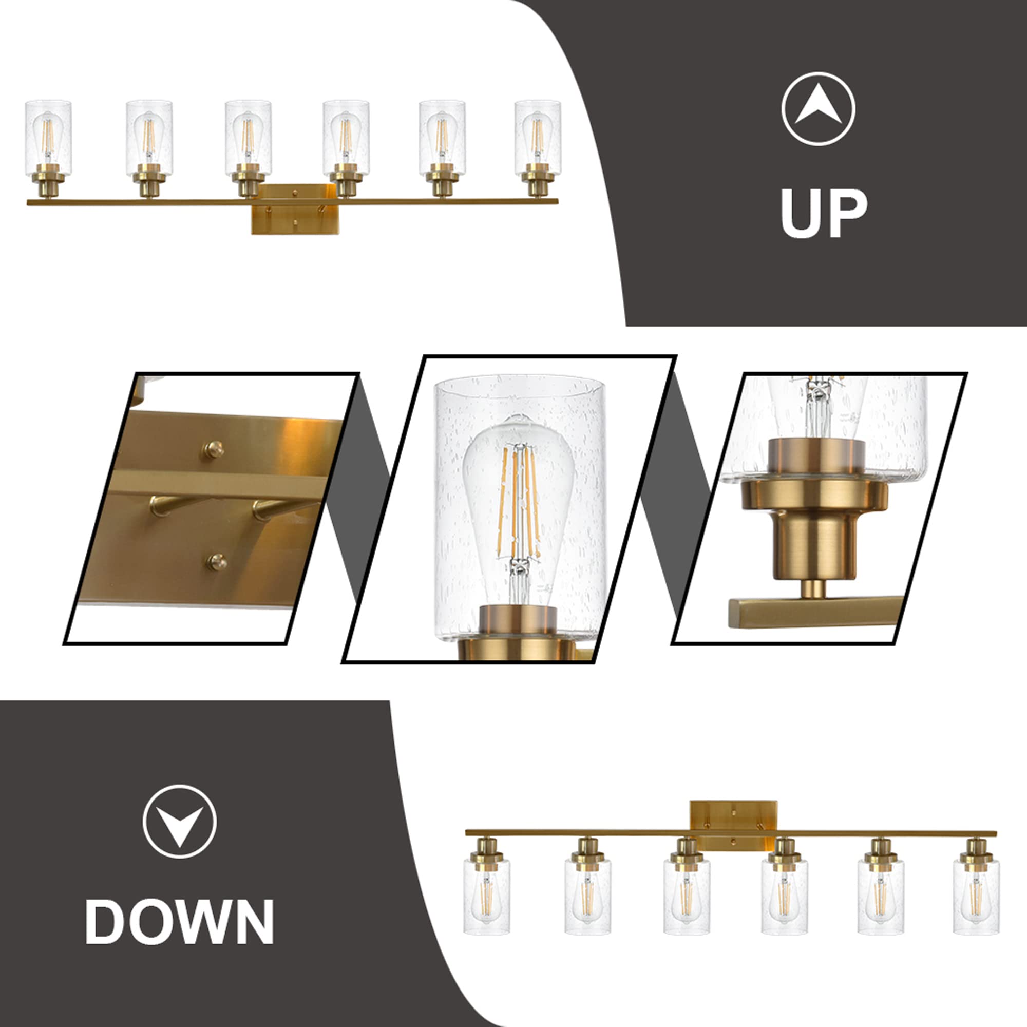 MELUCEE 6-Light Brushed Brass Vanity Light - Modern Bathroom Mirror Lighting Fixture with Bubbled Glass Shades - Wall Sconce for Hallway, Kitchen, Living Room & Bedroom - Perfect for Makeup, Shaving & Ambient Lighting