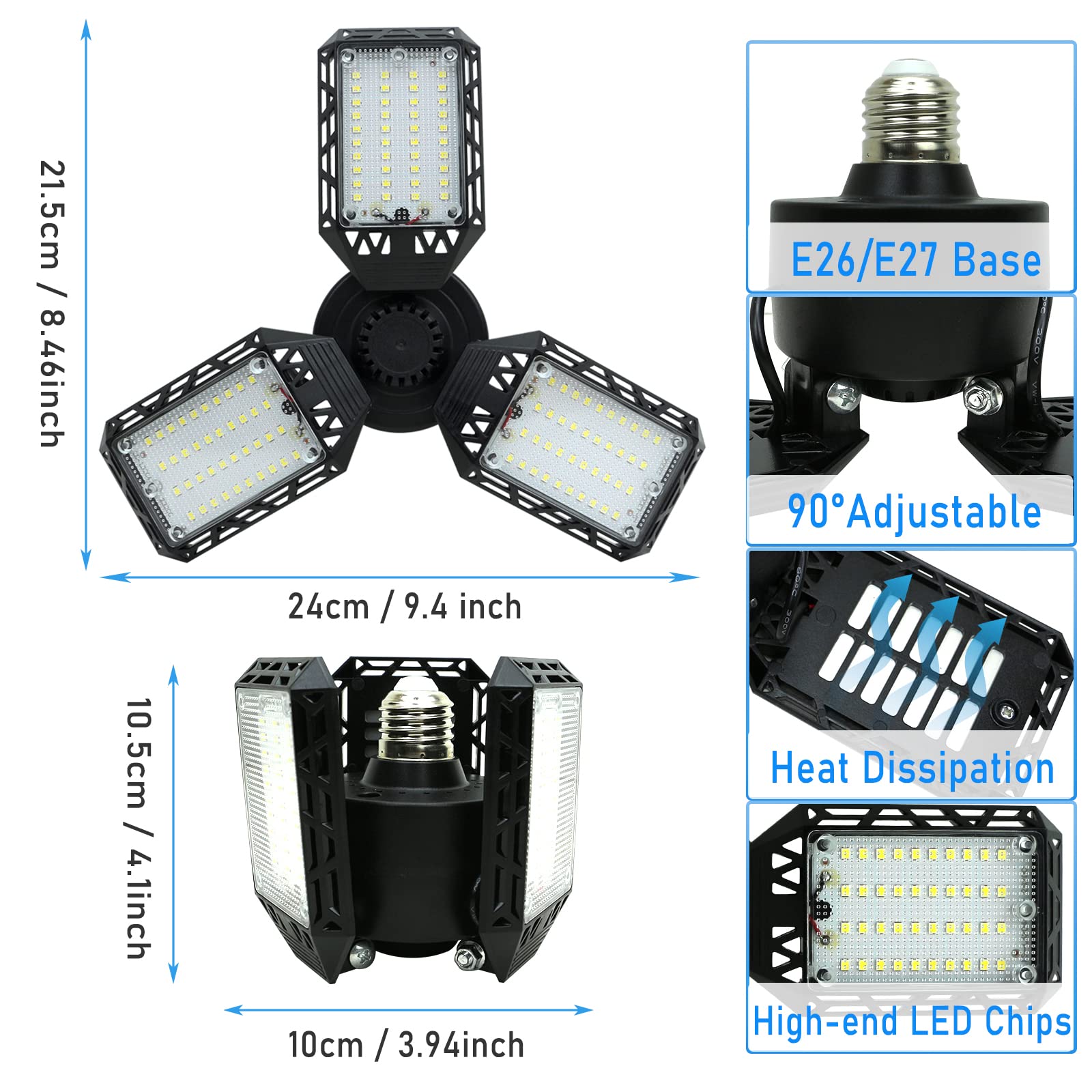 4-Pack 80W LED Garage Lights with 3 Adjustable Panels - Deformable Ceiling Lighting for Garage, Workshop, Basement - Bright & Energy-Efficient Shop Lights (Perfect for DIY Projects, Auto Repair & Home Improvement)