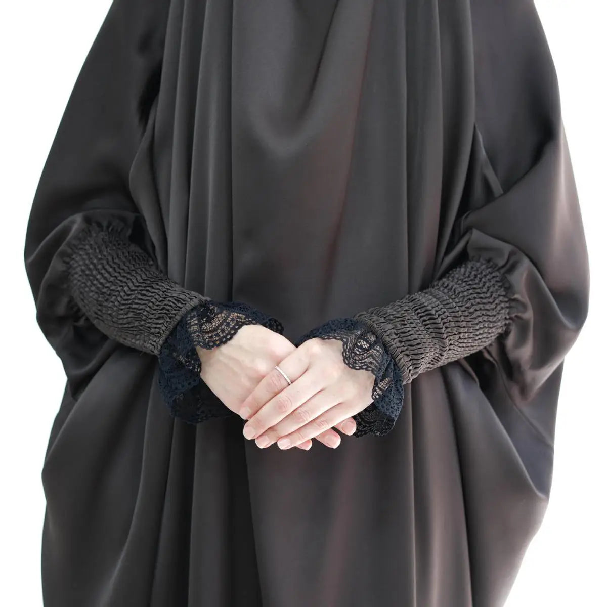 Elegant Satin Lace Cuffs Overhead Jilbab Abaya Prayer Dress for Women - Modest Islamic Clothing for Prayer, Mosque & Special Occasions