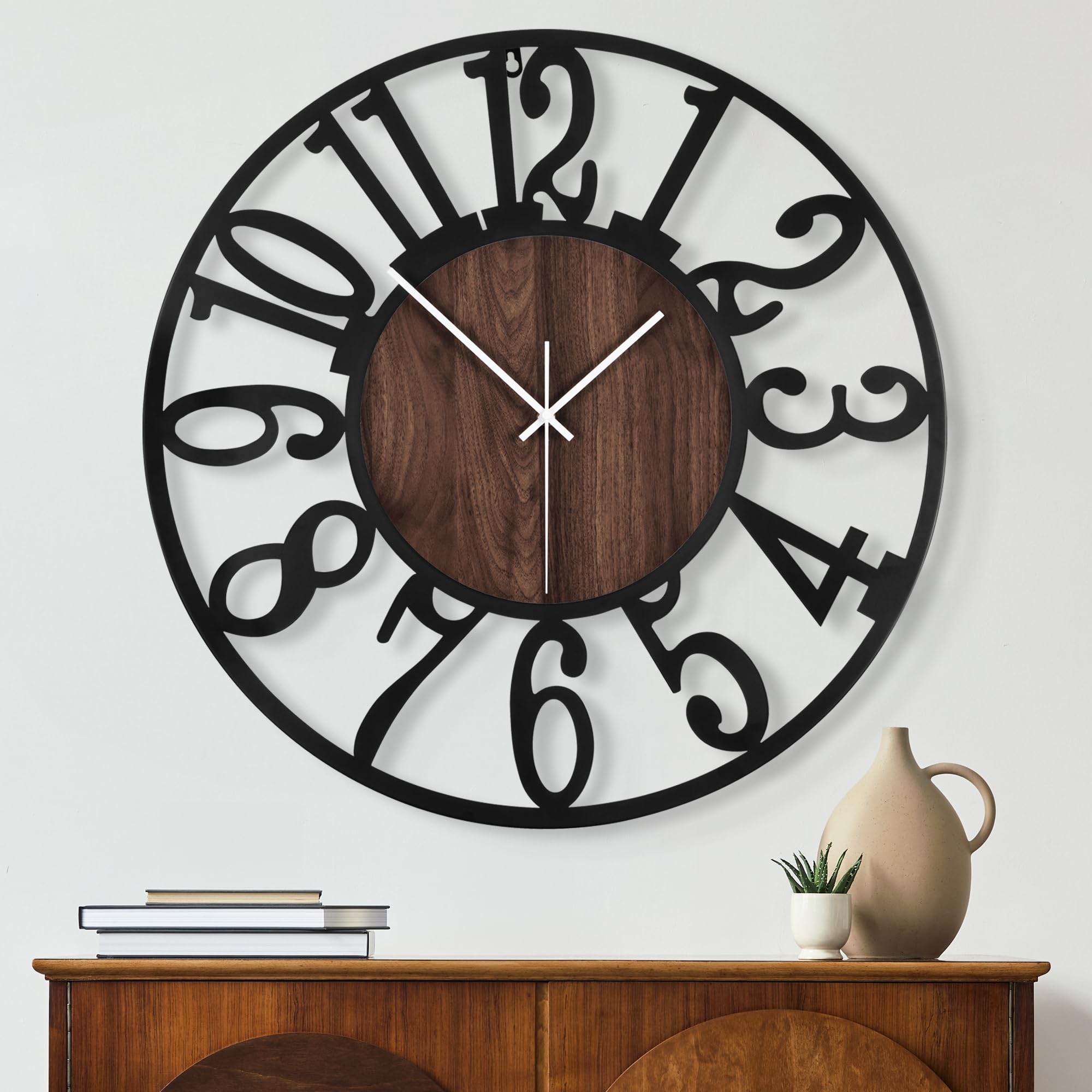 Maxstar 24 Inch Large Round Wall Clock - Silent Non-Ticking Battery Operated Wall Clock for Living Room, Kitchen, Office, Garden & Farmhouse Decor - Black Metal & Wood Finish Home Decoration | Perfect for Modern, Vintage & Rustic Interior Design Styles