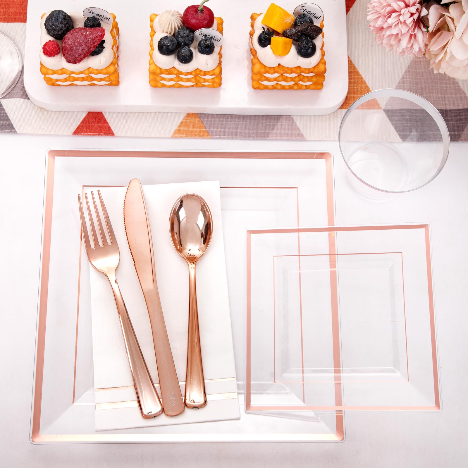 350-Piece Rose Gold Plastic Dinnerware Set - Disposable Plates, Cups, Cutlery & Napkins for 50 Guests | Elegant Party, Wedding & Event Tableware | Perfect for Bridal Showers, Birthday Parties & Catering Events