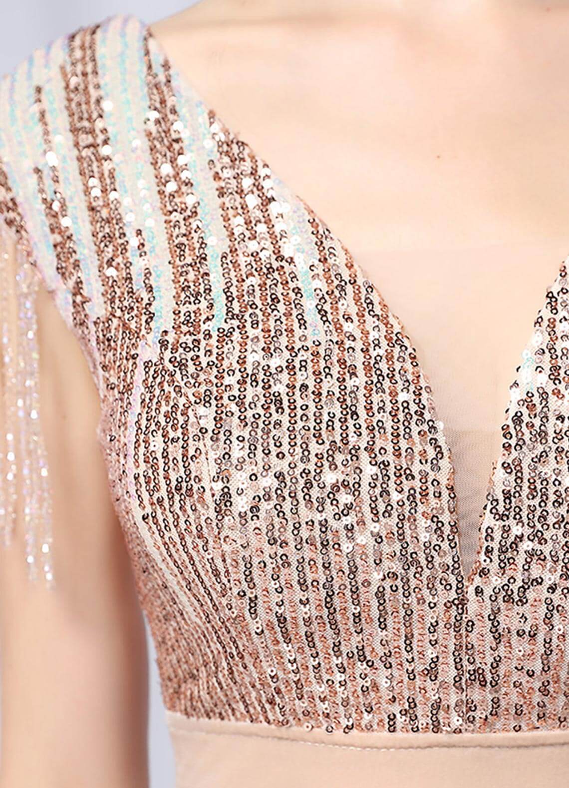Elegant Champagne Gold Velvet Sequin Mermaid Maxi Dress with Slit & Tassels - Perfect for Prom, Evening Gala, and Formal Events