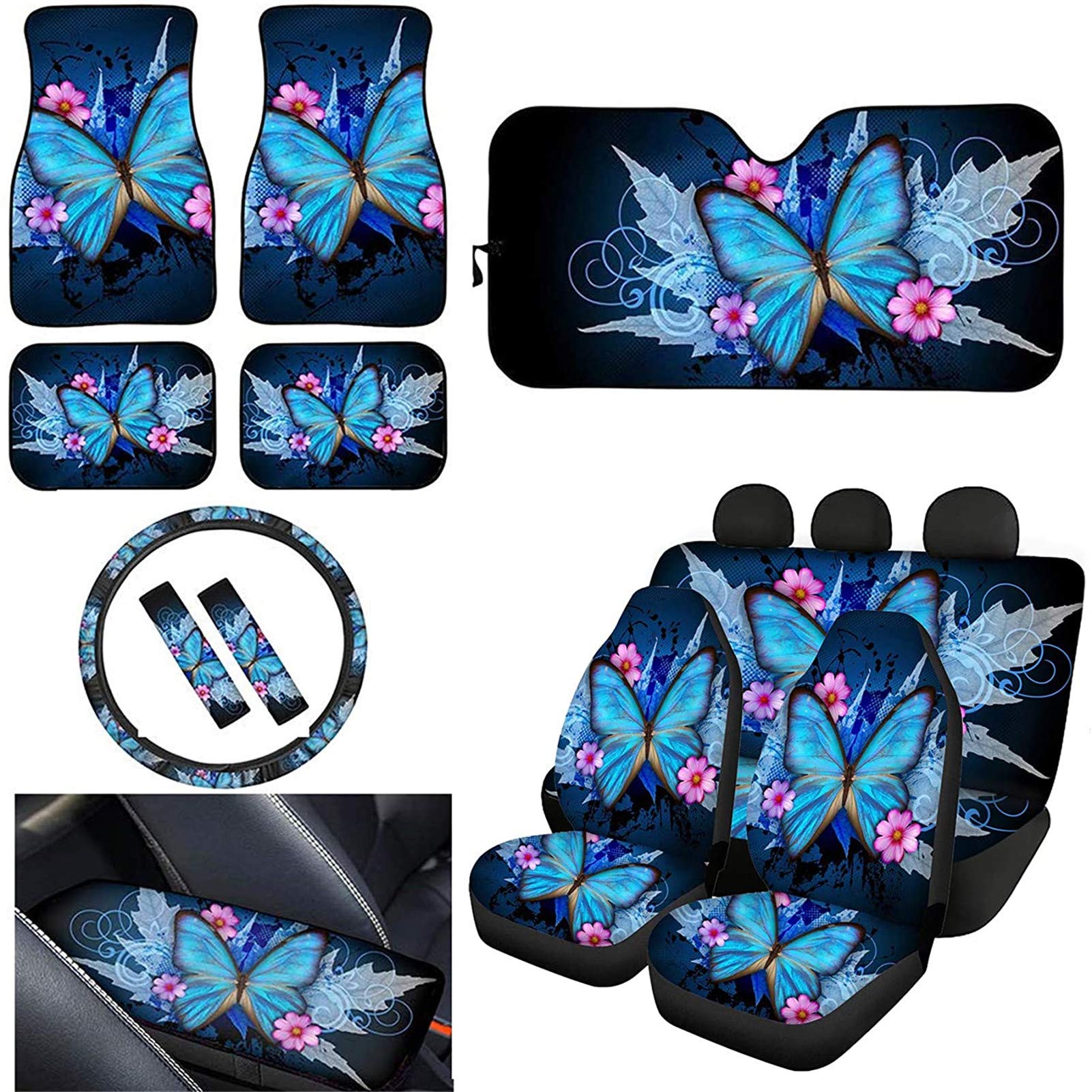 Blue Butterfly Car Seat Covers Set with Floor Mats & Sunshade - for Women's Cars, SUVs, Vans