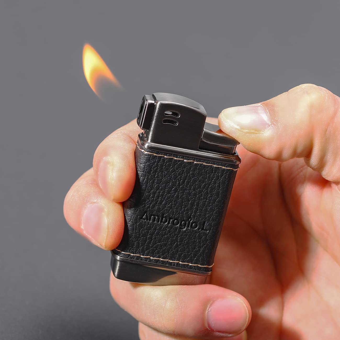Ambrogio.L Pipe Lighter - Refillable Butane Soft Flame Lighter with Genuine Leather Case, Black Brushed Finish - Perfect for Men's Smoking Accessories, Pipe & Cigar Lighting, Outdoor Use & Gifts