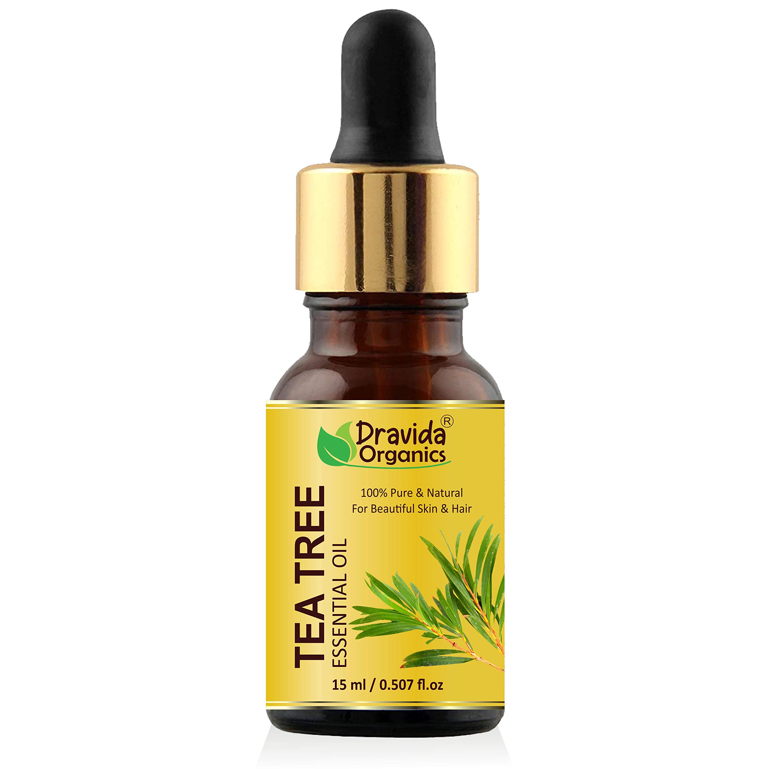 Dravida Organics Tea Tree Essential Oil - 100% Pure & Organic for Aromatherapy, Skin Care, Hair Growth - Natural Remedy for Acne, Dandruff, Stress Relief - 15ml Bottle - Perfect for Diffusers, Massage, DIY Beauty Products