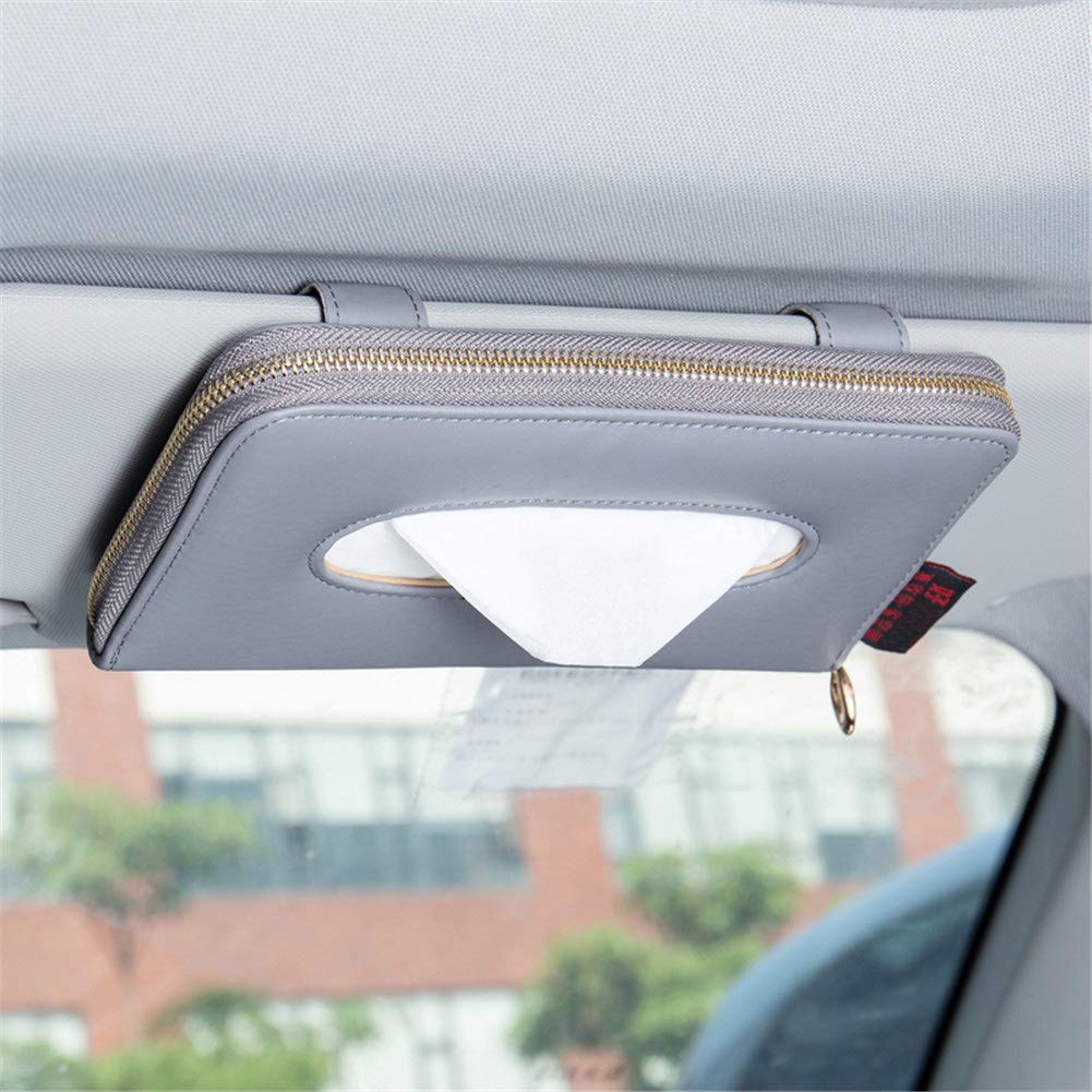 Premium PU Leather Car Sun Visor Tissue Holder with Zipper - Backseat Napkin Organizer for Vehicles (Grey) | Perfect for Road Trips, Daily Commutes & Family Travel Accessories