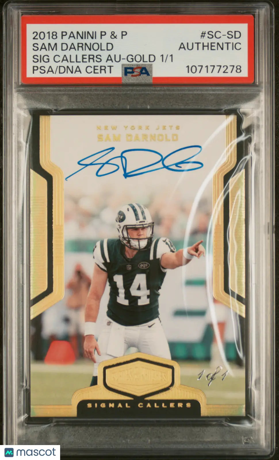 2018 Panini Plates & Patches Signal Callers Sam Darnold Gold Autograph PSA Authenticated 1/1 - Rare Football Trading Card for Collectors & Sports Memorabilia Enthusiasts