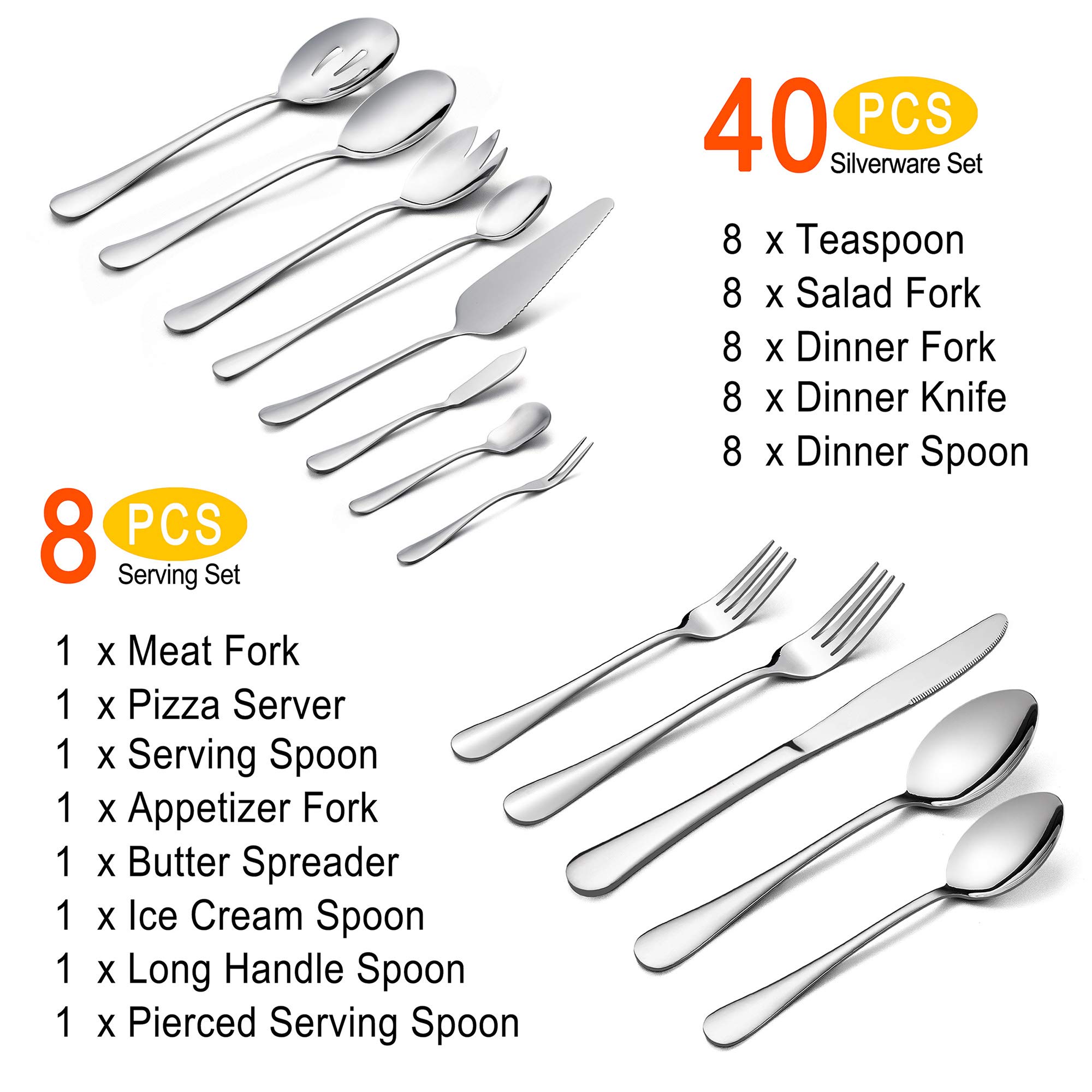 48-Piece Stainless Steel Flatware Set for 8 - Includes Knives, Spoons, Forks & Serving Utensils - Mirror Polish, Dishwasher Safe - Perfect for Dinner Parties, Restaurants & Everyday Dining