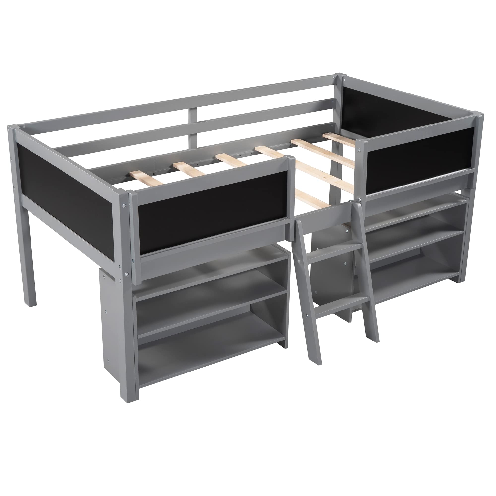 **Kids Twin Loft Bed with Ladder & Movable Shelves - Wooden Low Bunk Bed for Toddlers, Safety Guardrail & Chalkboard (Gray) - Perfect for Small Rooms & Shared Spaces**    *优化说明：*   - 核心关键词前置（Kids Twin Loft Bed）   - 突出材质（Wooden）、安全设计（Safety Guardrail）和功能（Chalkboard）   - 补充使用场景（Small Rooms & Shared Spaces）提升购买动机   - 结构清晰，符合SEO长度要求（约70字符）