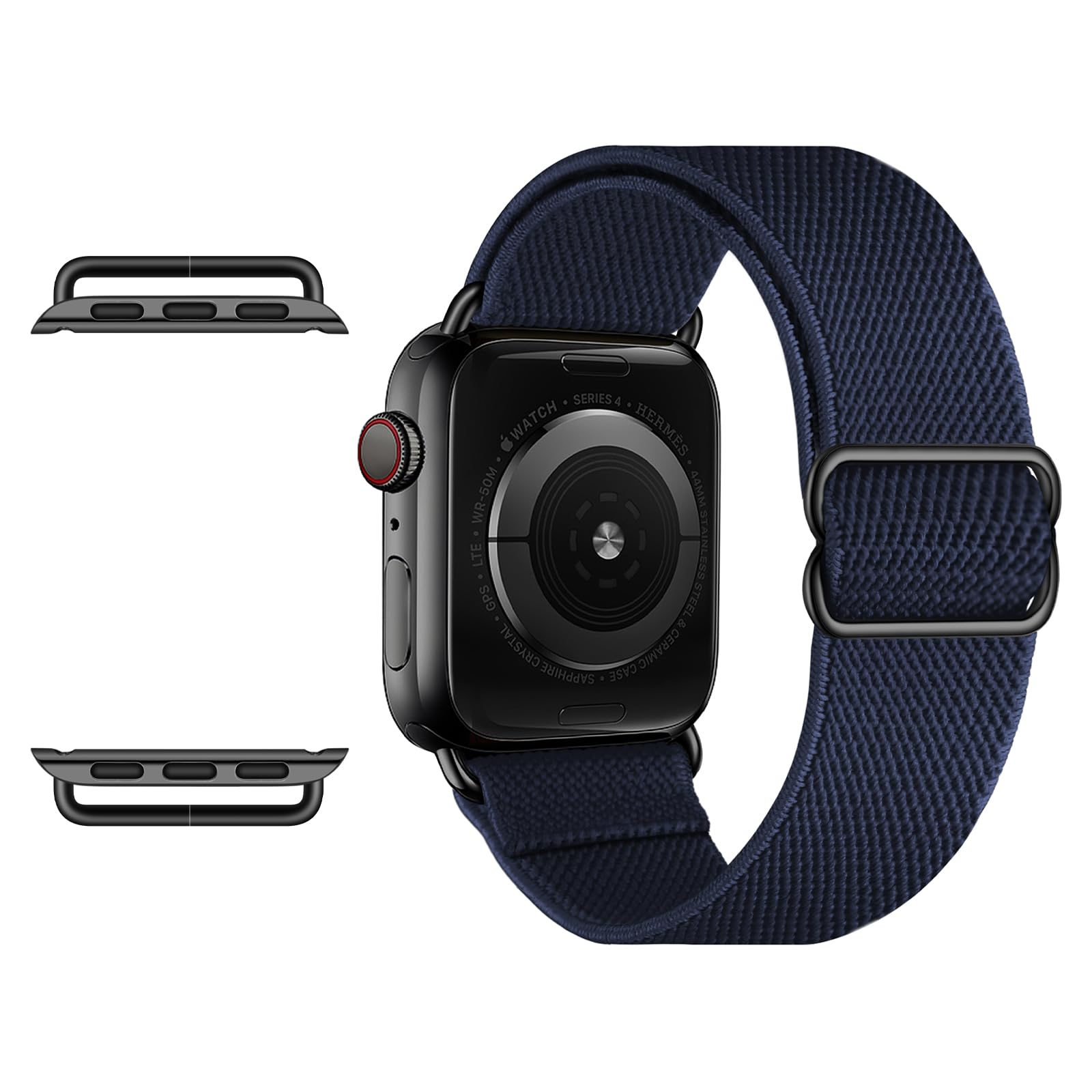 OXWALLEN Metal Connector Stretch Nylon Solo Loop Band for Apple Watch Series 9/8/7/6/5/4/3 SE Ultra 2/1 (49mm/45mm/44mm/42mm) - Adjustable Elastic Strap with Stainless Steel Adapter in Midnight Blue | Perfect for Workouts, Running & Everyday Wear