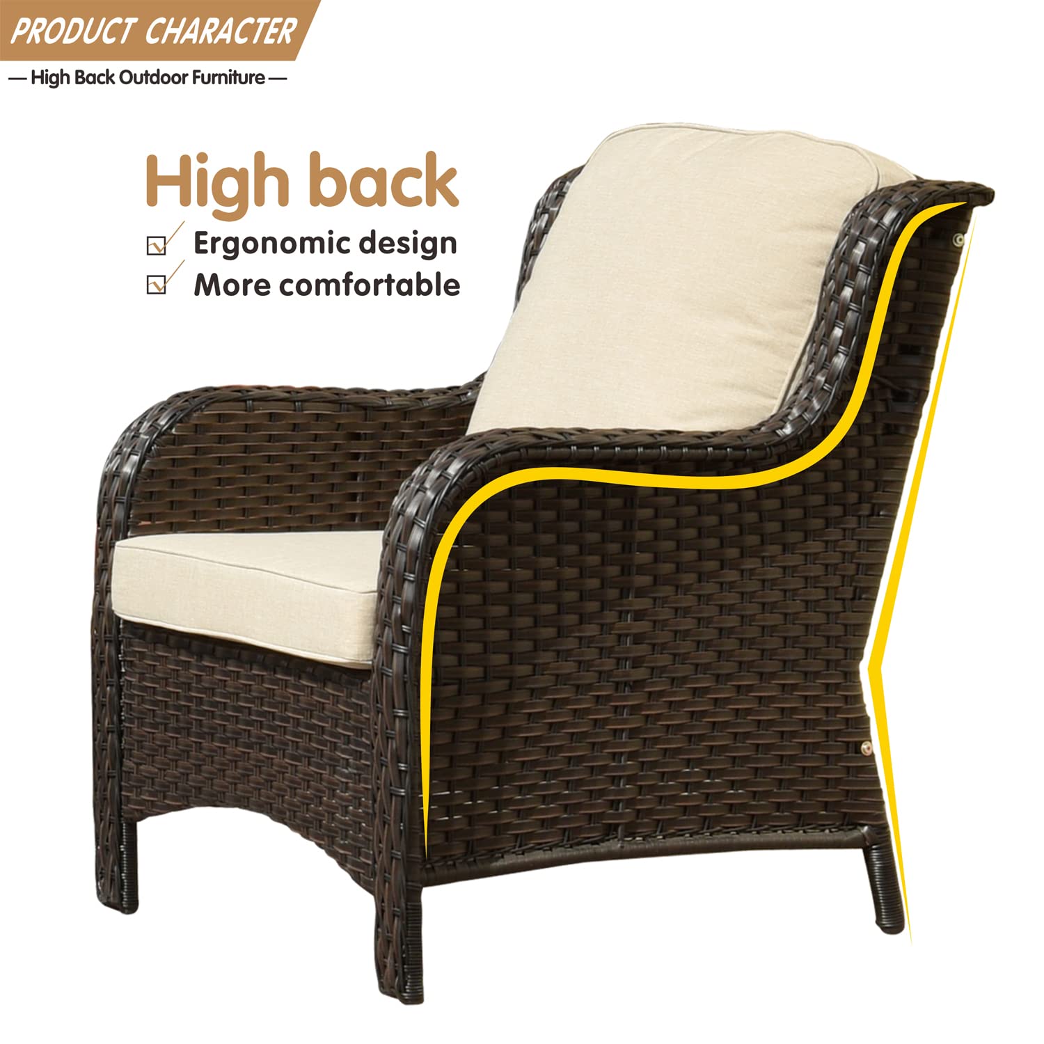 5-Piece All-Weather Wicker Patio Furniture Set with High Back Sofa, 2 Chairs & 2 Ottomans - Brown Beige Outdoor Conversation Set for Garden, Backyard, Deck & Poolside Relaxation