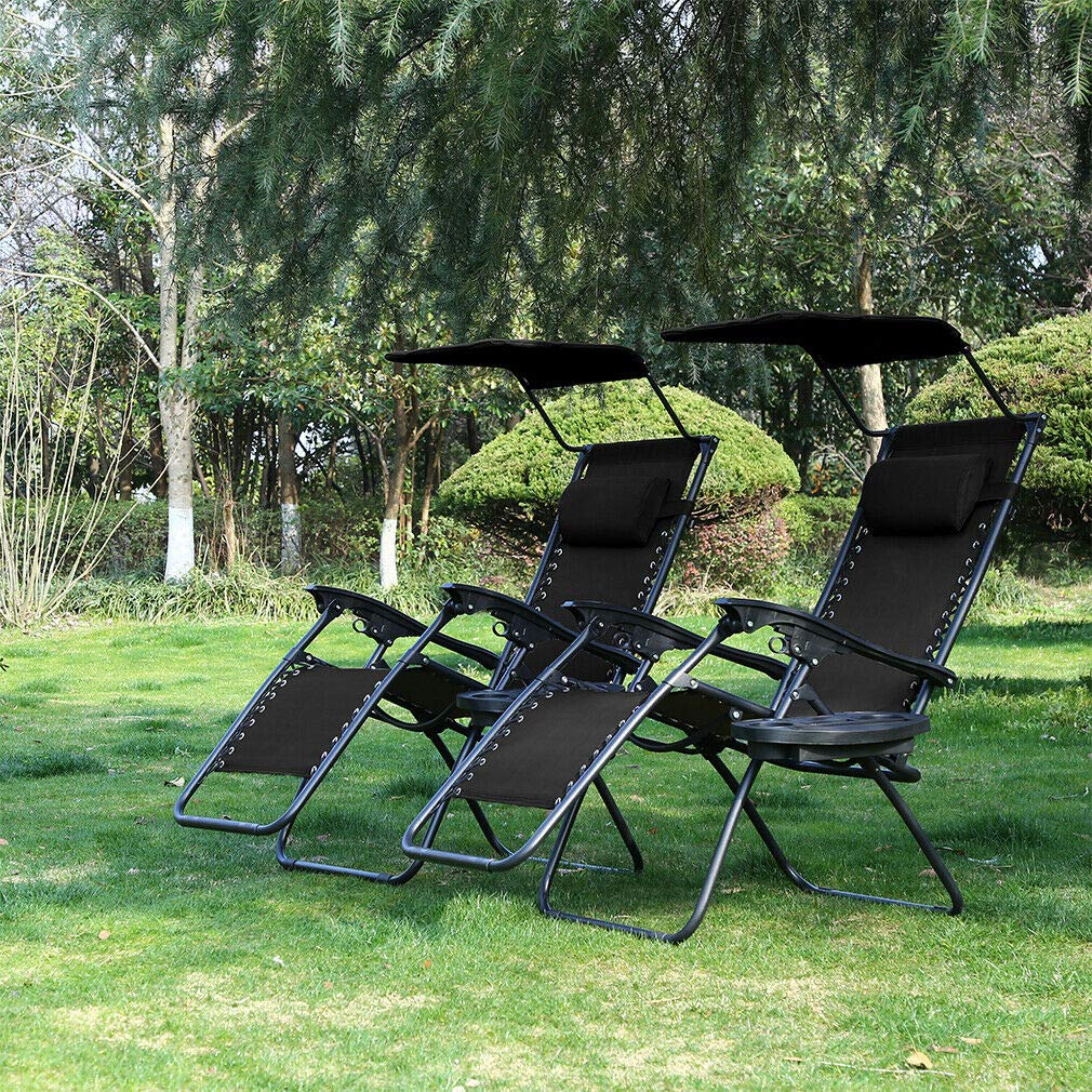 2 Pack Zero Gravity Reclining Lounge Chairs with Canopy & Cup Holder - 250LBS Capacity Outdoor Folding Chaise for Patio, Poolside, Beach, Backyard & Deck - Perfect for Sunbathing, Relaxing & Outdoor Lounging - Black