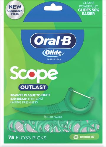 Oral-B Glide Complete Floss Picks with Scope Outlast Mint Flavor - 75 Count | Dental Flossers for Teeth Cleaning & Plaque Removal | Perfect for Travel, Home & Office Use