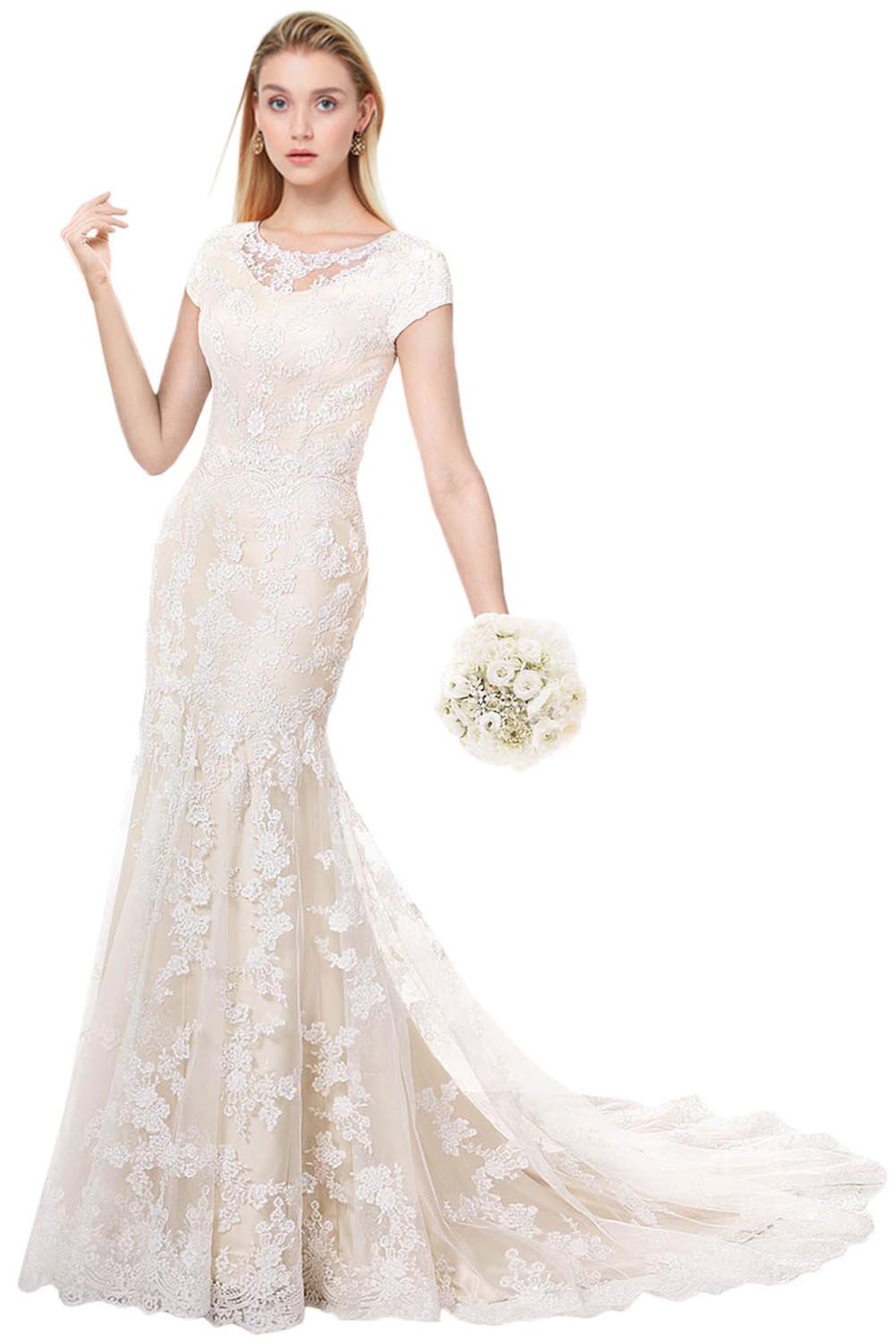 Elegant MILANO BRIDE Modest Wedding Dress with Short Sleeves & Floral Lace Sheath - Perfect for Church, Beach, or Garden Weddings