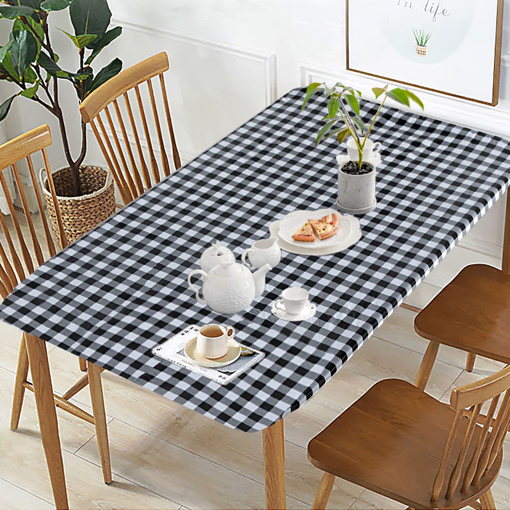 Fitable Black and White Checkered Tablecloth - 30x96 Inch Waterproof Vinyl Picnic Table Cover with Elastic & Flannel Backing - Rectangle Outdoor Tablecloth for 8 Foot Folding Tables - Perfect for BBQs, Picnics, Parties and Outdoor Dining