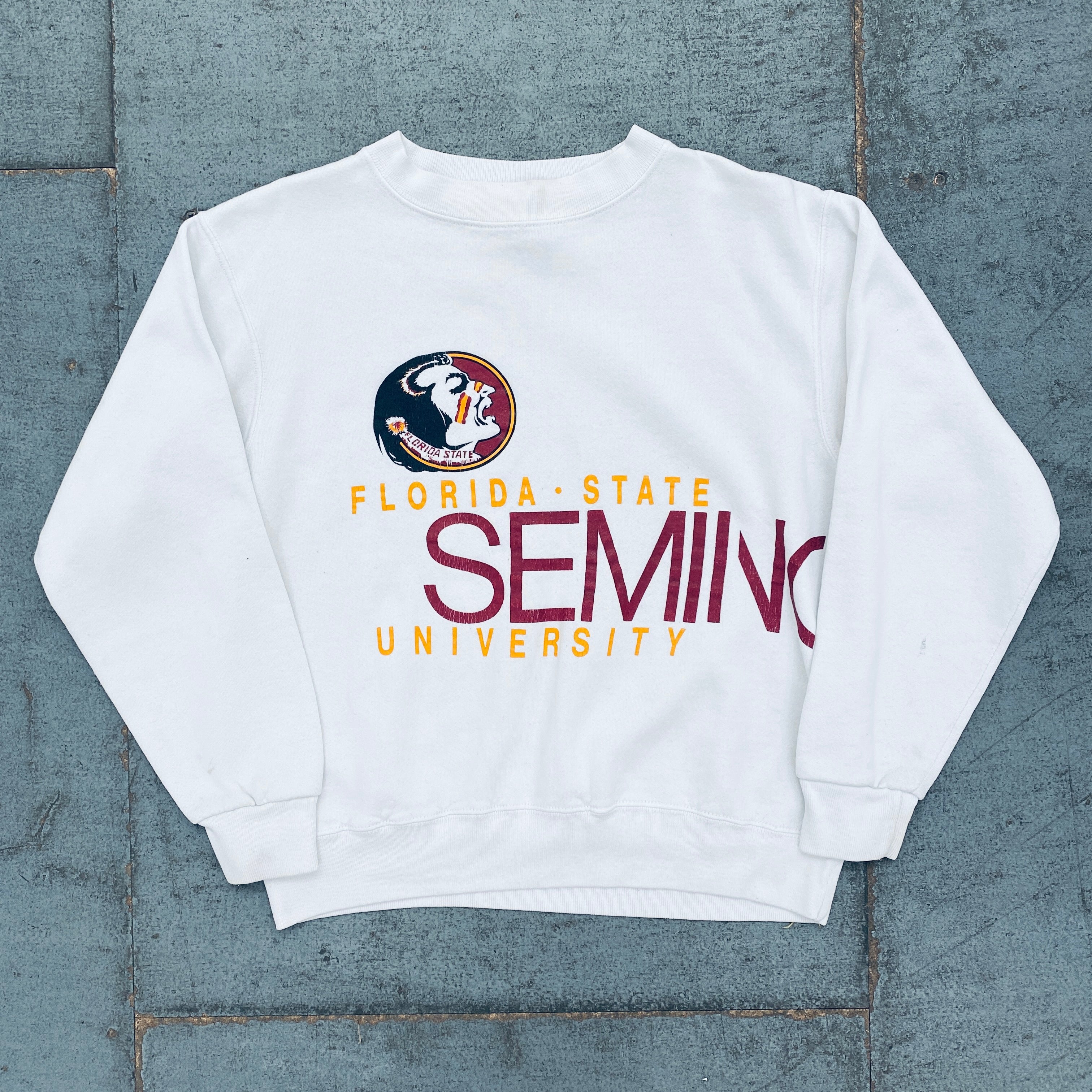 Florida State Seminoles Vintage 1990s Wraparound Spellout Sweatshirt - S/M - Retro College Fan Apparel for Game Day & Casual Wear
