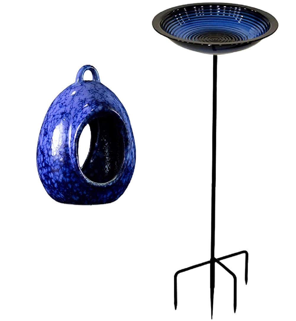 BYER OF MAINE Circle Post Bird Bath in Cobalt Blue with Egg Fly Through Bird Feeder in Mottled Blue - Outdoor Garden Decor for Attracting Wild Birds (Perfect for Backyard, Patio & Bird Watching)