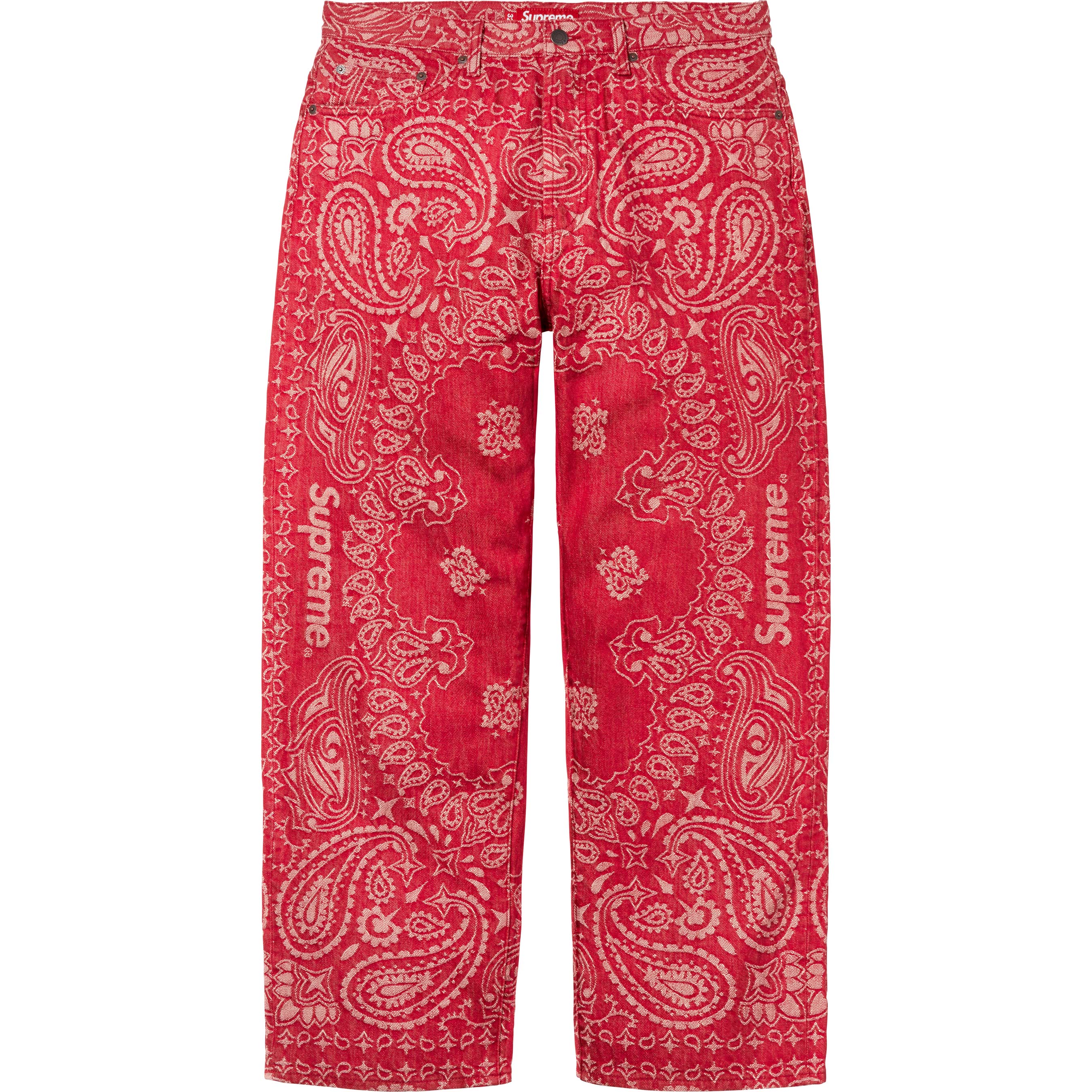 Supreme Jacquard Bandana Baggy Jeans for Men - Red Distressed Denim Pants for Hip Hop Streetwear & Casual Outfits
