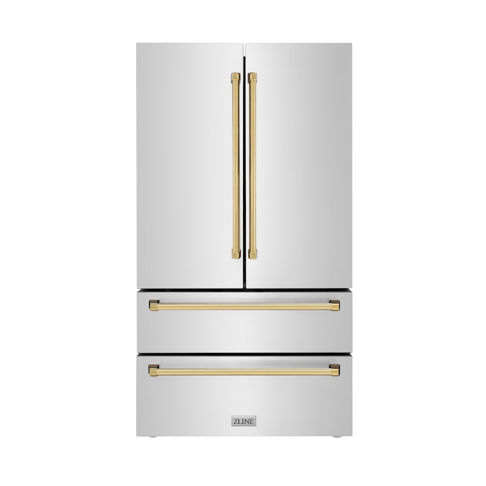 ZLINE Autograph Edition 36 Inch Counter Depth French Door Refrigerator - 22.5 cu. ft. Capacity, Fingerprint Resistant Stainless Steel with Polished Gold Handles, Built-in Ice Maker (RFMZ 36 G) - Perfect for Modern Kitchens and Open Concept Living Spaces