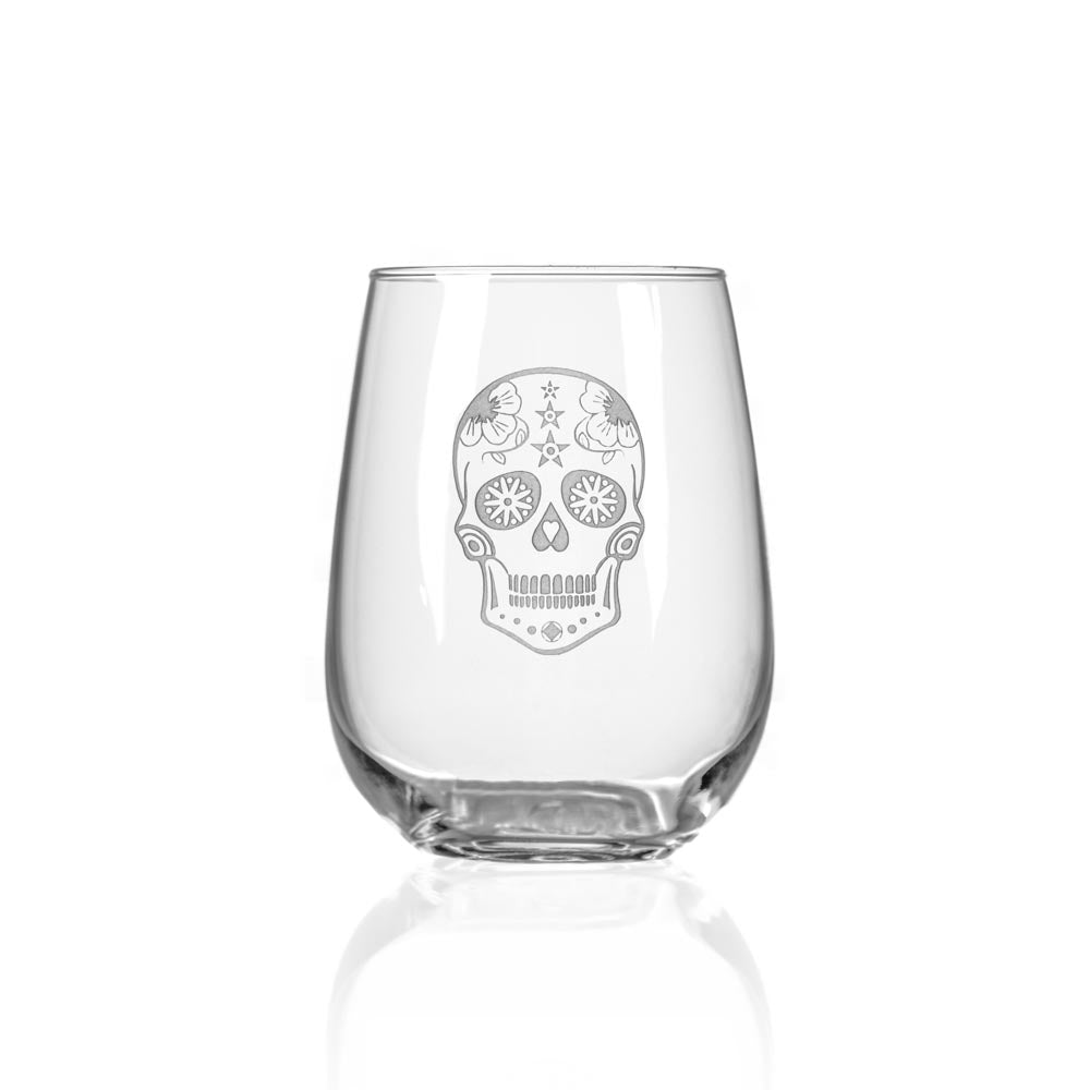 Sugar Skull 17oz Stemless Wine Tumbler Glasses - Set of 2 for Halloween Party, Dia de Los Muertos Celebration & Unique Gift Idea