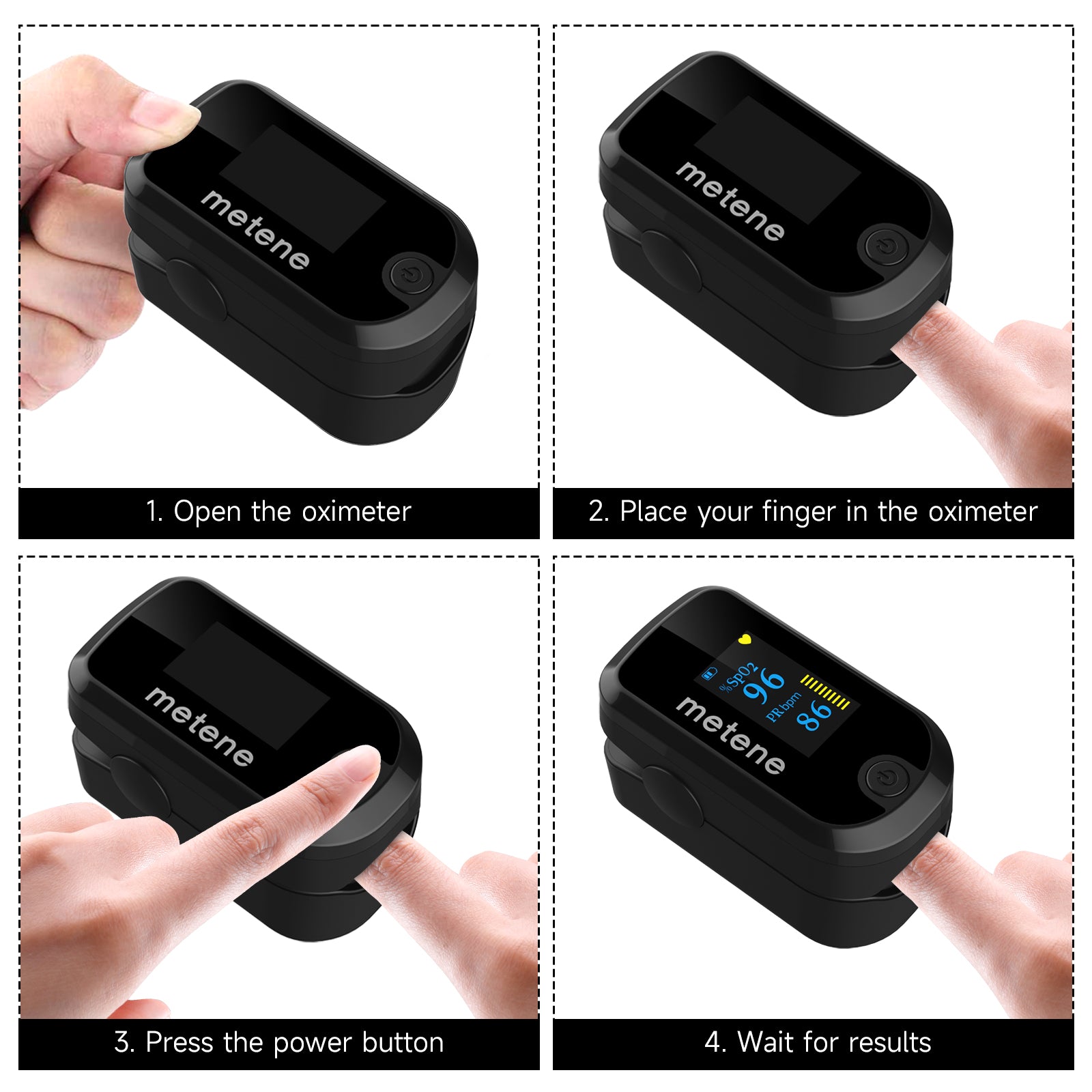 Metene Fingertip Pulse Oximeter with OLED Display - Blood Oxygen Saturation & Heart Rate Monitor - Includes Batteries & Lanyard - Portable Oxygen Meter for Home Use, Travel, and Sports Activities