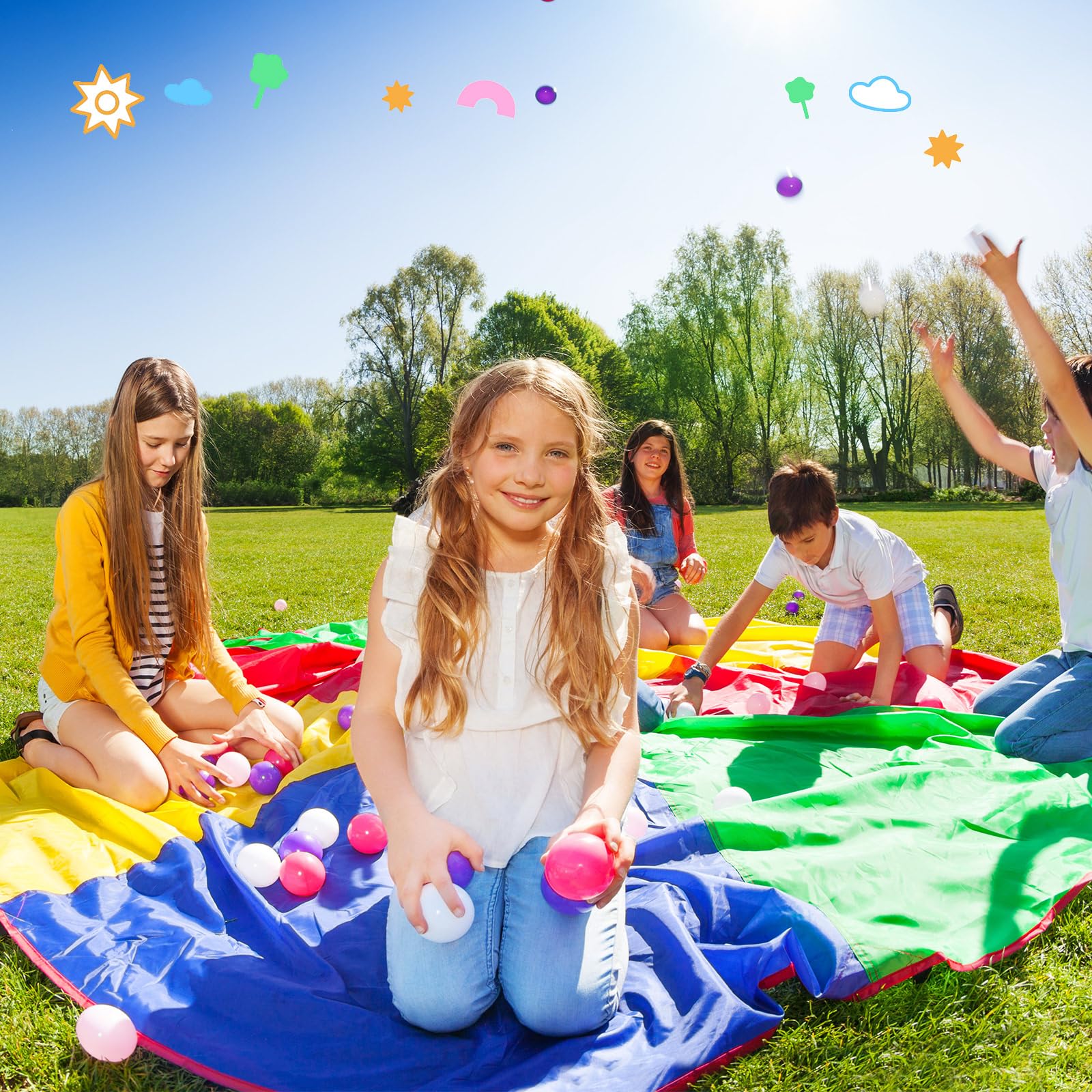 Large Rainbow Play Parachute with Handles - 12ft Colorful Kids Parachute for Indoor & Outdoor Games, Group Activities, Gym Class, Birthday Parties, and Playground Fun
