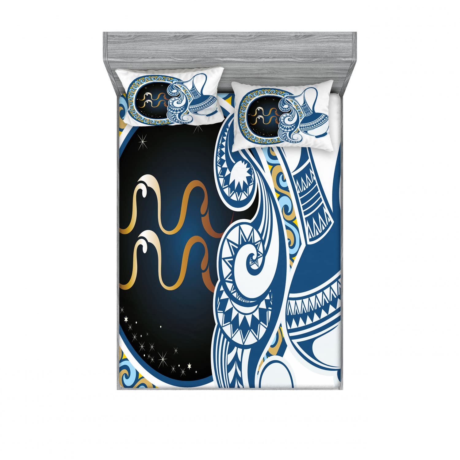 Ambesonne Zodiac 2-Pack Queen Size Fitted Sheet & Pillow Sham Set - Aquarius Sign, 4-Piece Bedding Decor (2 Fitted Sheets + 4 Pillow Covers) - Vibrant Multicolor Design for Astrology Lovers | Perfect for Home Decor, Guest Rooms & Themed Bedrooms