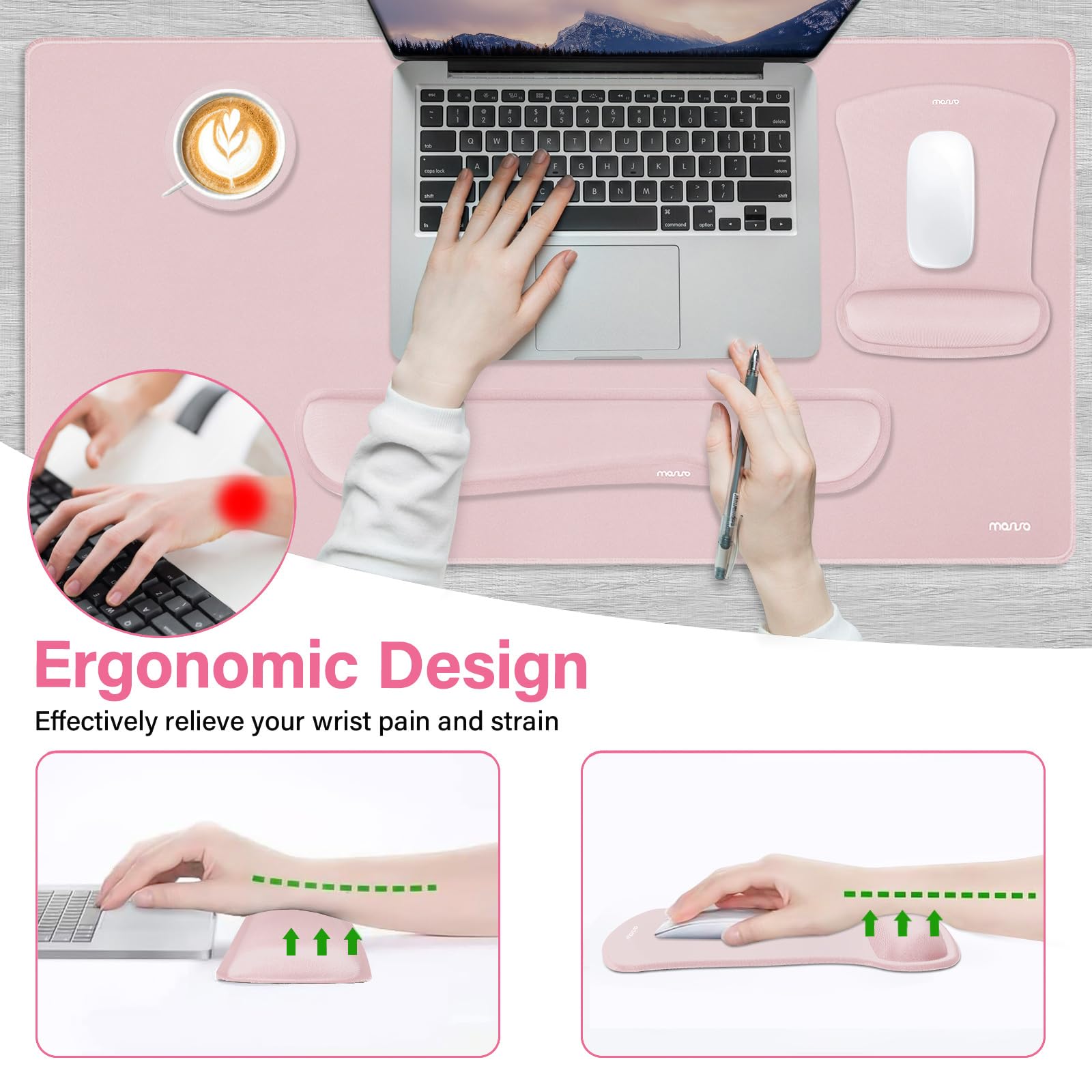 MOSISO Gaming Mouse Pad Set with Wrist Rest - Ergonomic Non-Slip for Home Office & PC Gaming, Pink