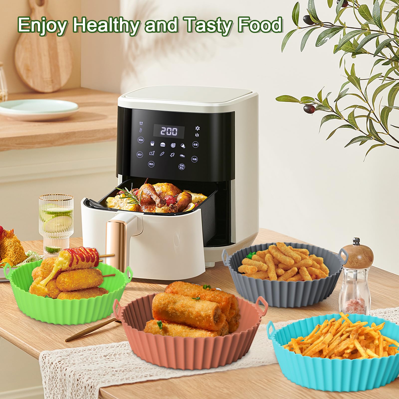 4 Pack Reusable Silicone Air Fryer Liners - 8 Inch Food Grade Non-Stick Basket Liners | Safe Oven Accessories Replacement for Flammable Parchment Paper | Perfect for Air Frying, Baking & Meal Prep