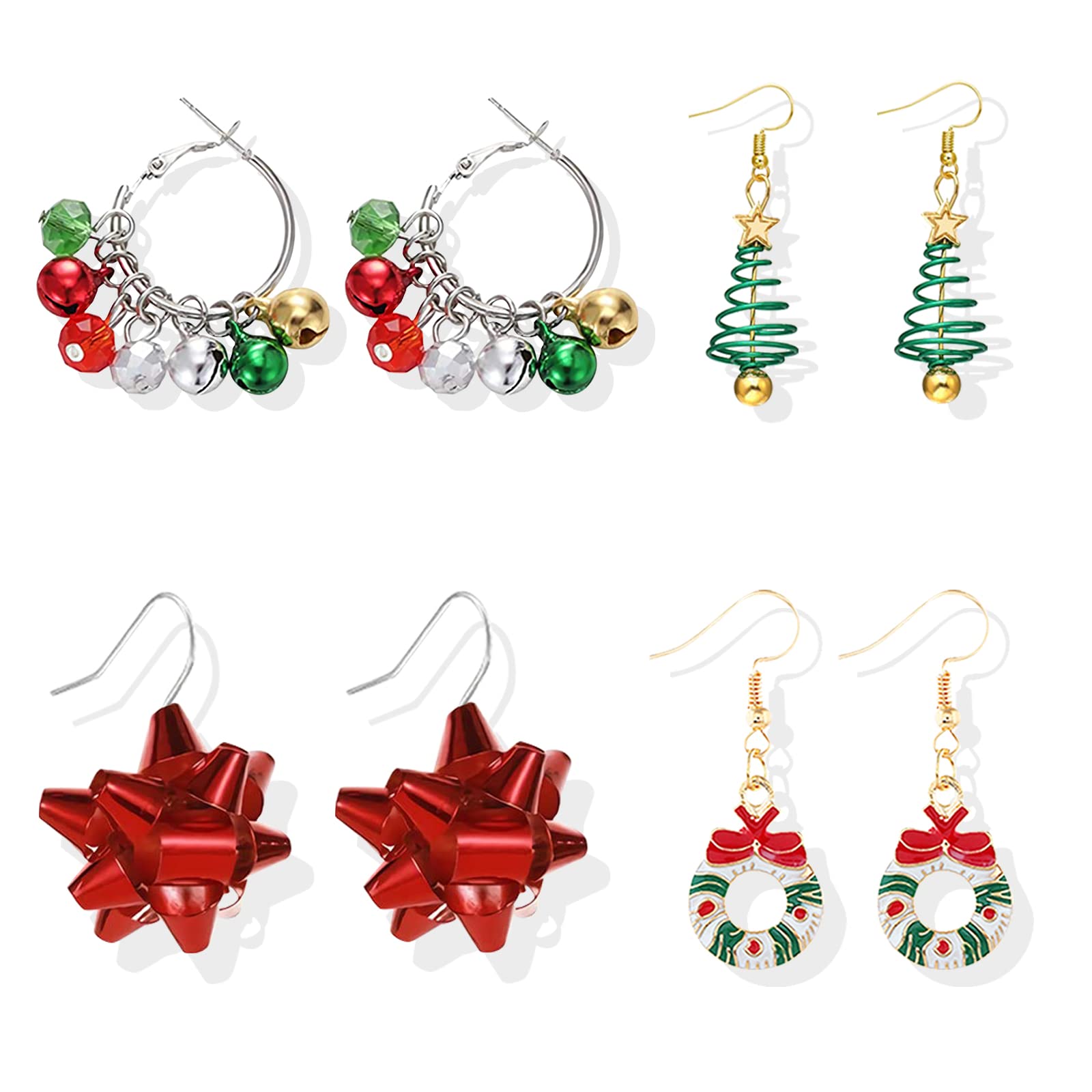 4 Pairs Christmas Earrings for Women - Holiday Bell, Snowflake, Tree & Flamingo Drop Dangle Earrings Set - Perfect Gift for Girls, Party & Festive Occasions (Includes 2 Bell Earrings)