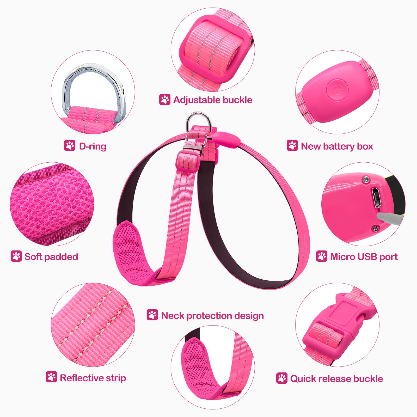 Rechargeable LED Dog Harness with Reflective Strips - Glow in The Dark Light Up Vest for Night Walking (Pink) - Perfect for Evening Walks, Jogging & Outdoor Adventures with Your Pet