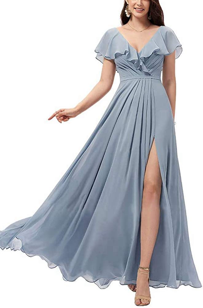 Elegant Ruffle Bridesmaid Dresses with Side Split - Flowy Wedding Party Gowns for Women - Perfect for Bridal Showers, Receptions & Formal Events