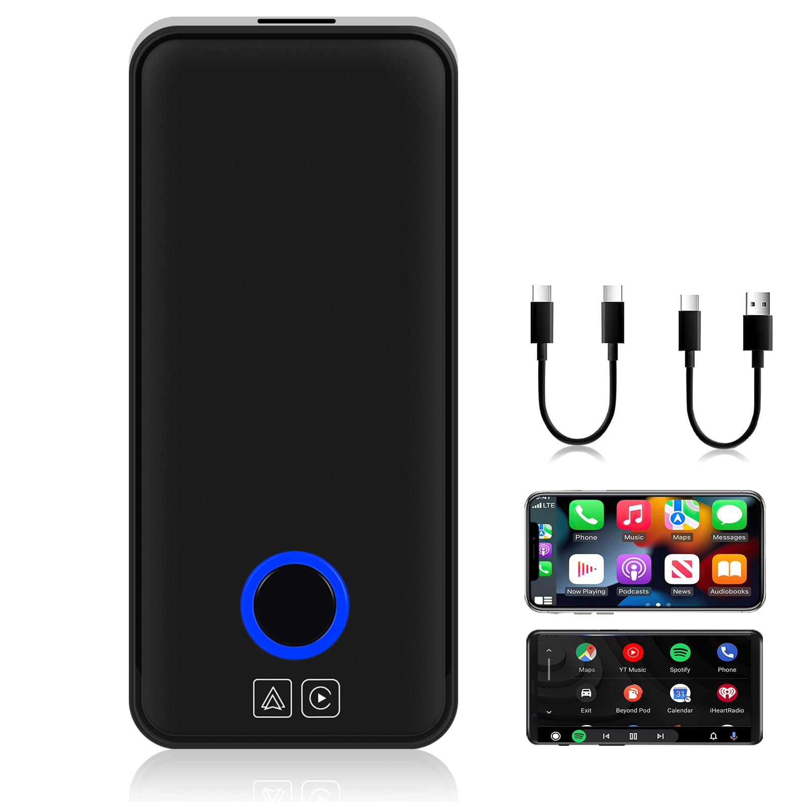 Wireless Apple CarPlay & Android Auto Adapter - Plug & Play Bluetooth Dongle for Factory Wired Cars - Compatible with iPhone iOS & Android Phones - Perfect for Hands-Free Calling, Music Streaming & GPS Navigation While Driving
