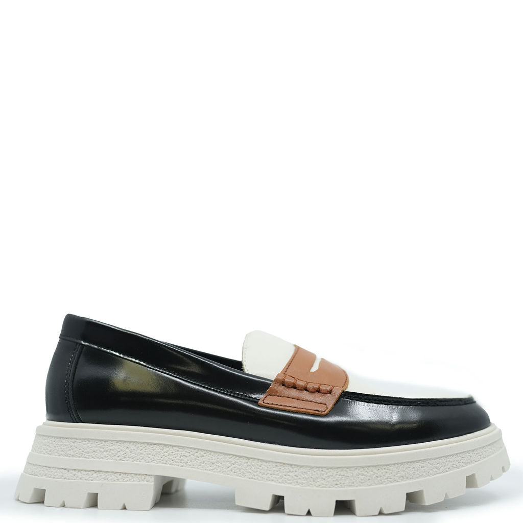 Blublonc Women's Black and Ivory Chunky Loafer Shoes - Comfortable Slip-On Casual Flats for Work, Office & Everyday Wear