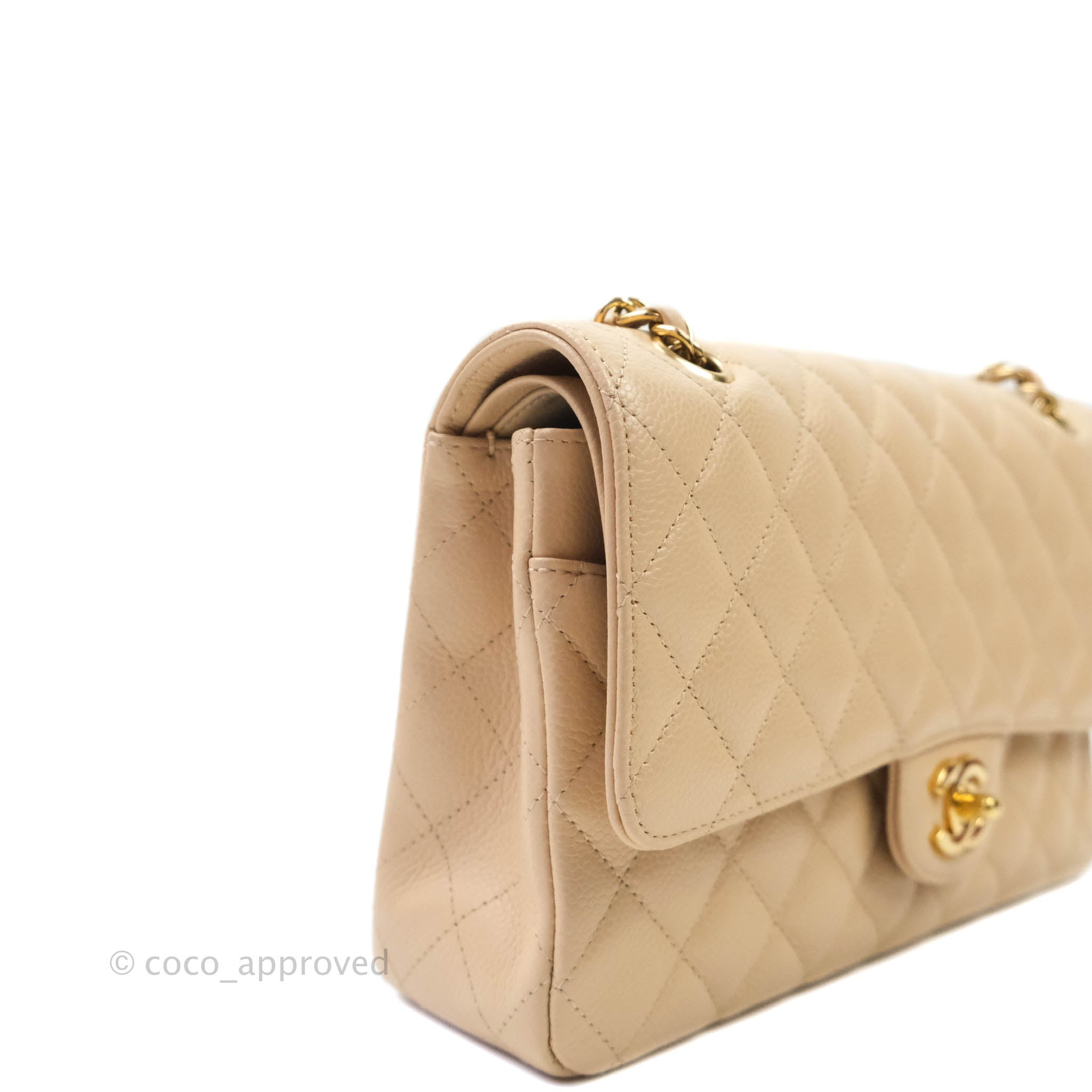 Chanel Classic M/L Medium Double Flap Bag in Beige Caviar Leather with Gold Hardware - Luxury Handbag for Women, Perfect for Work, Date Night & Special Occasions